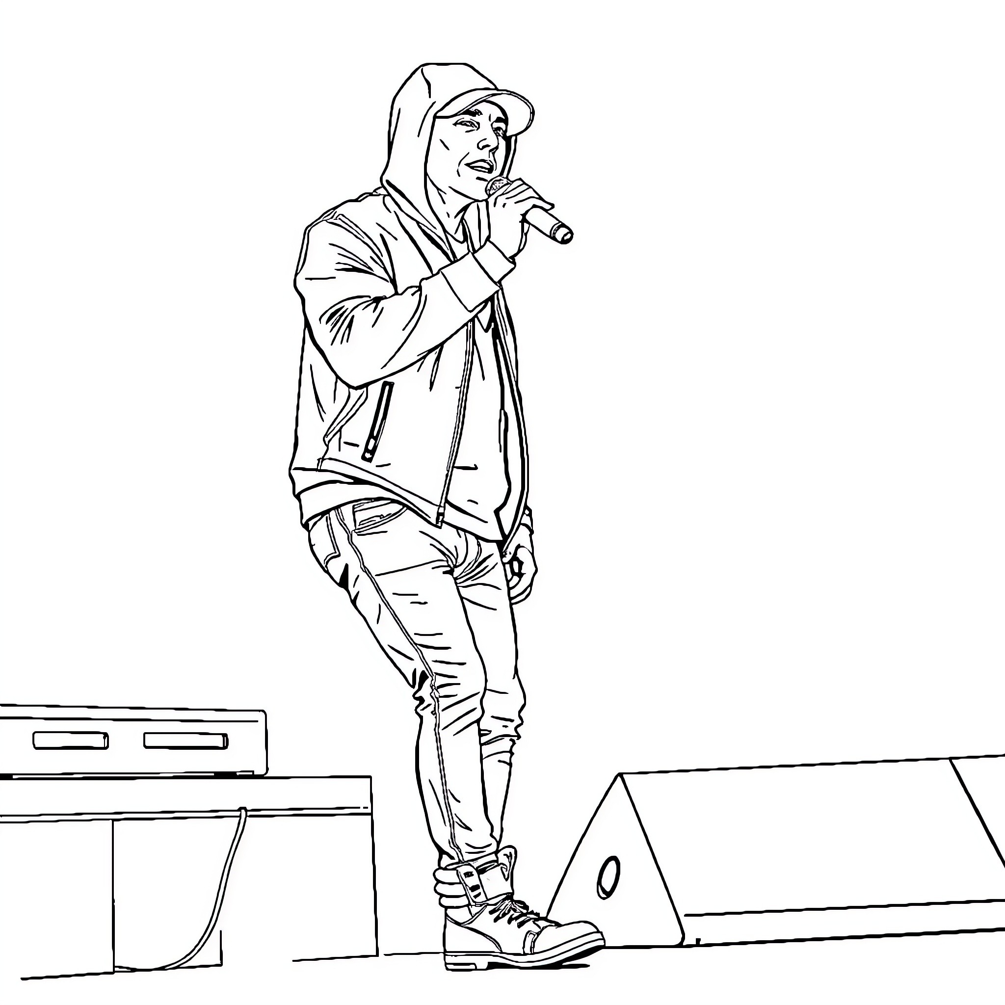 Eminem performing on stage with microphone Coloring Page (free black-and-white line drawing printable PDF for all, from beginners to advanced learners, including children, teens, adults, and seniors)