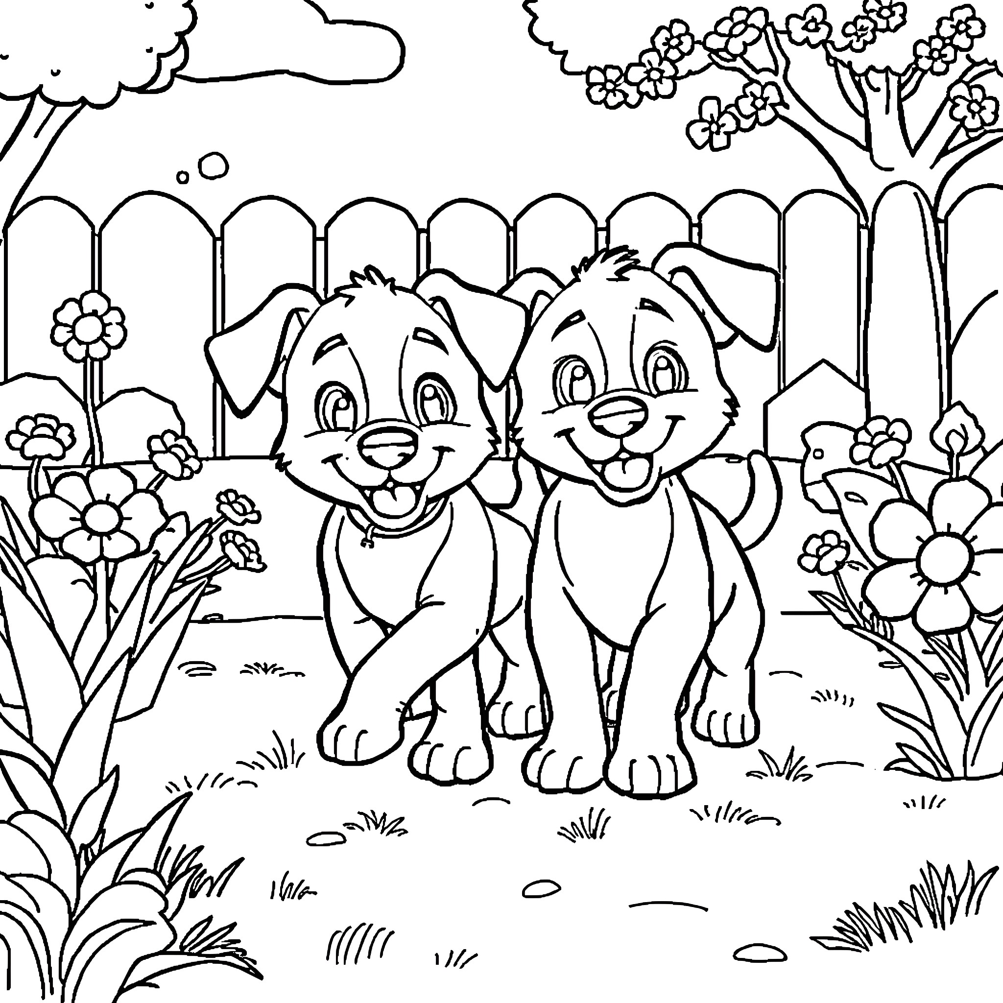 Bluey and Bingo Exploring the Colorful Garden Coloring Page (free black-and-white line drawing printable PDF for all, from beginners to advanced learners, including children, teens, adults, and seniors)