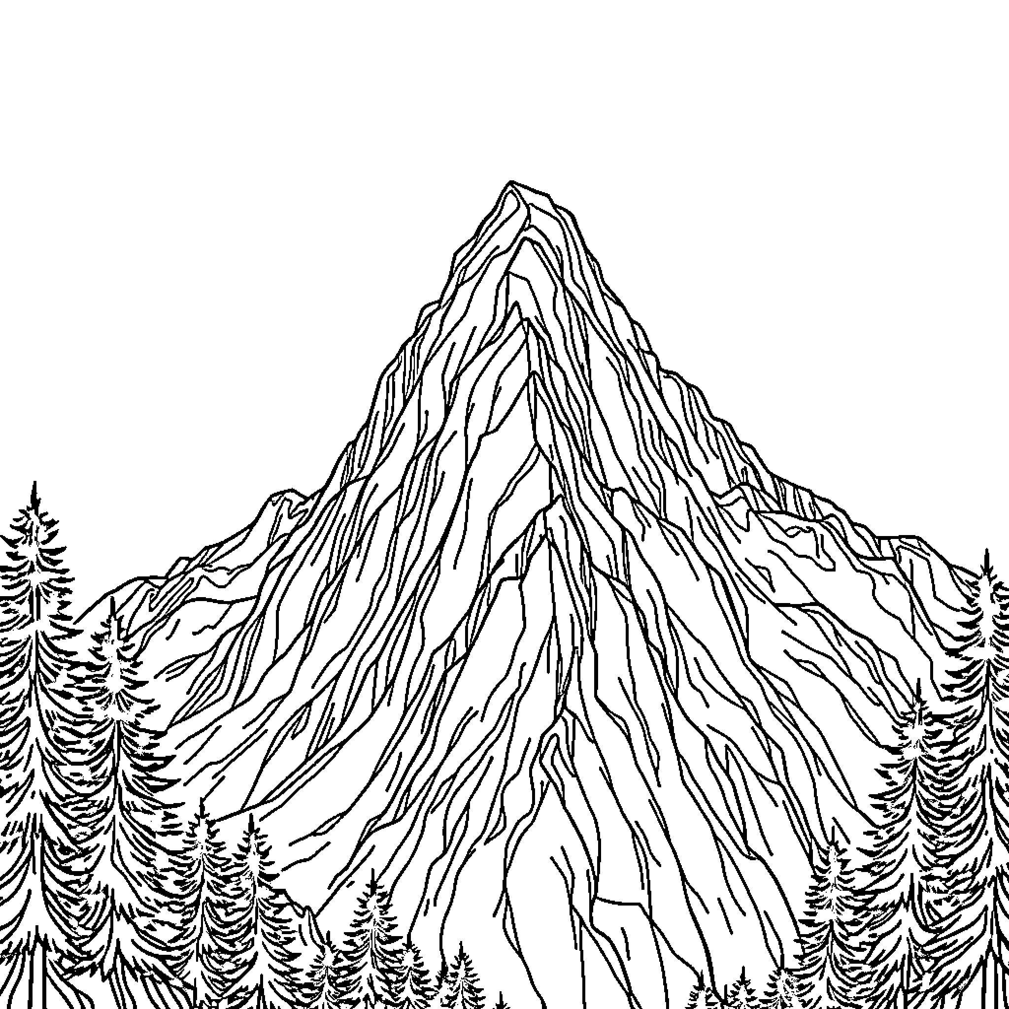 Mountain landscape with towering peaks and pine trees Coloring Page (free black-and-white line drawing printable PDF for all, from beginners to advanced learners, including children, teens, adults, and seniors)