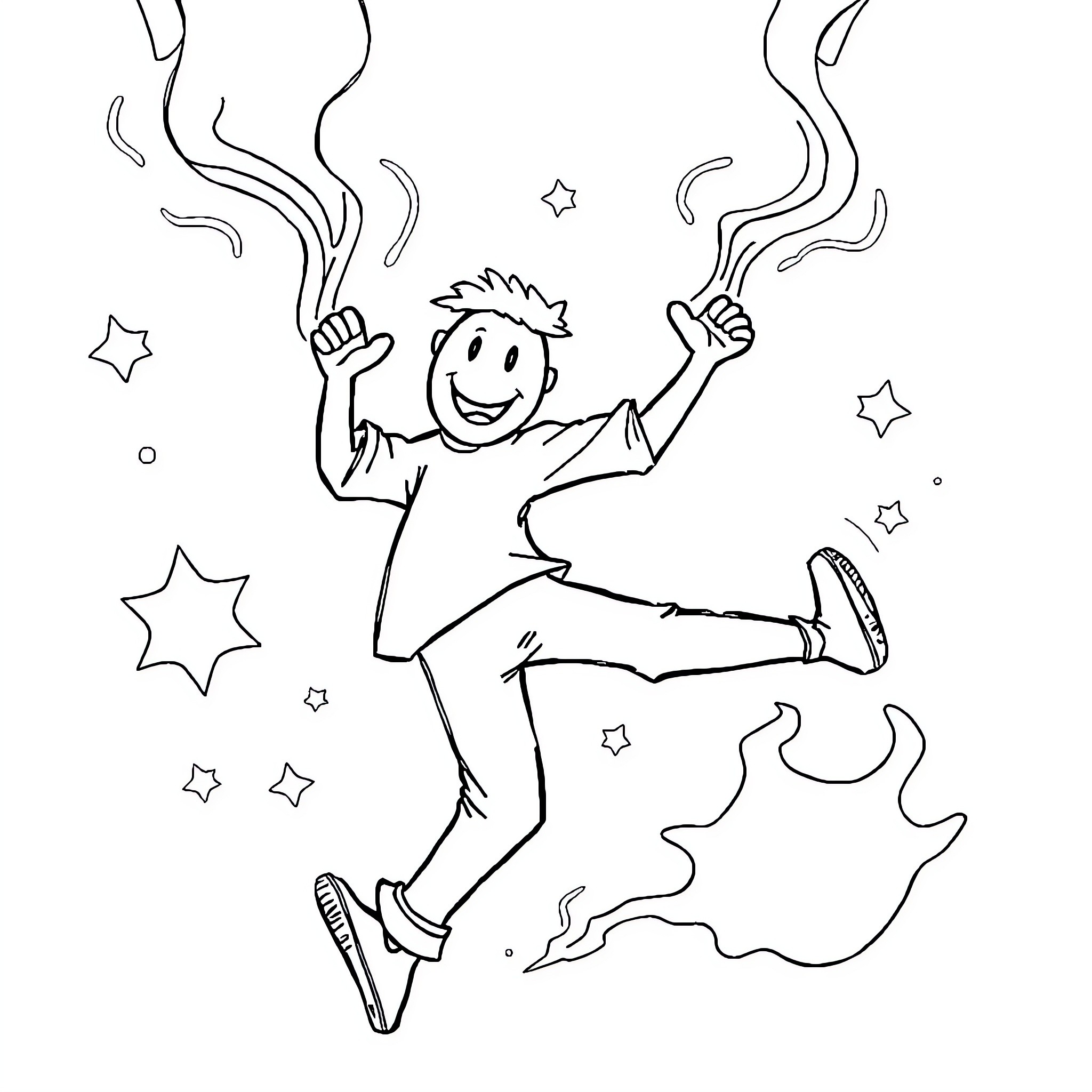 Stick Figure Happily Dancing with Stars Coloring Page (free black-and-white line drawing printable PDF for all, from beginners to advanced learners, including children, teens, adults, and seniors)