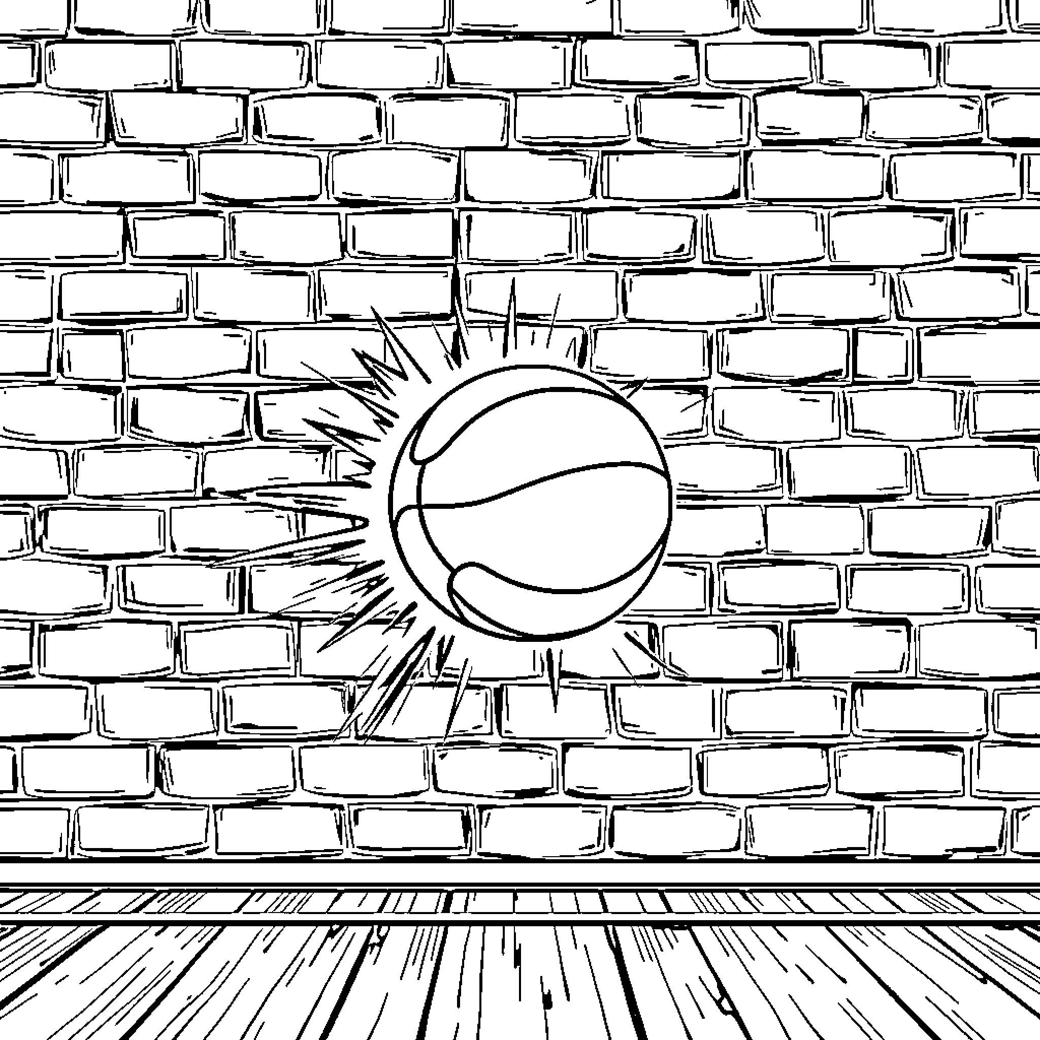 Wall Ball: Playful Silhouette on Brick Wall Coloring Page (free black-and-white line drawing printable PDF for all, from beginners to advanced learners, including children, teens, adults, and seniors)