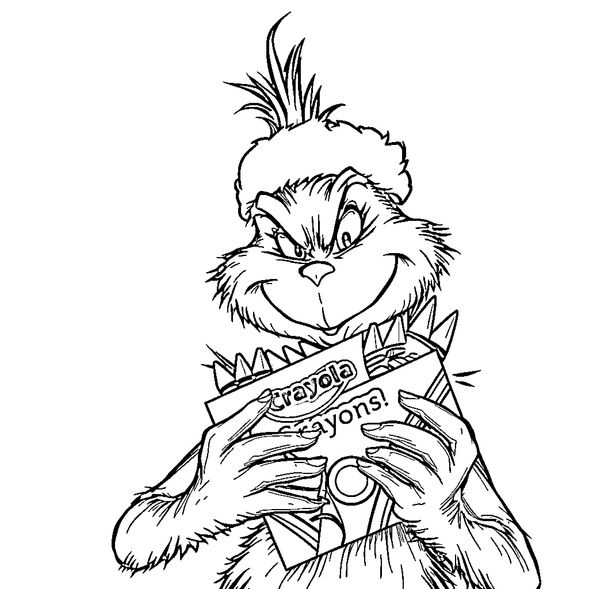 Grinch enjoying crayons in mischievous delight Coloring Page (free black-and-white line drawing printable PDF for all, from beginners to advanced learners, including children, teens, adults, and seniors)