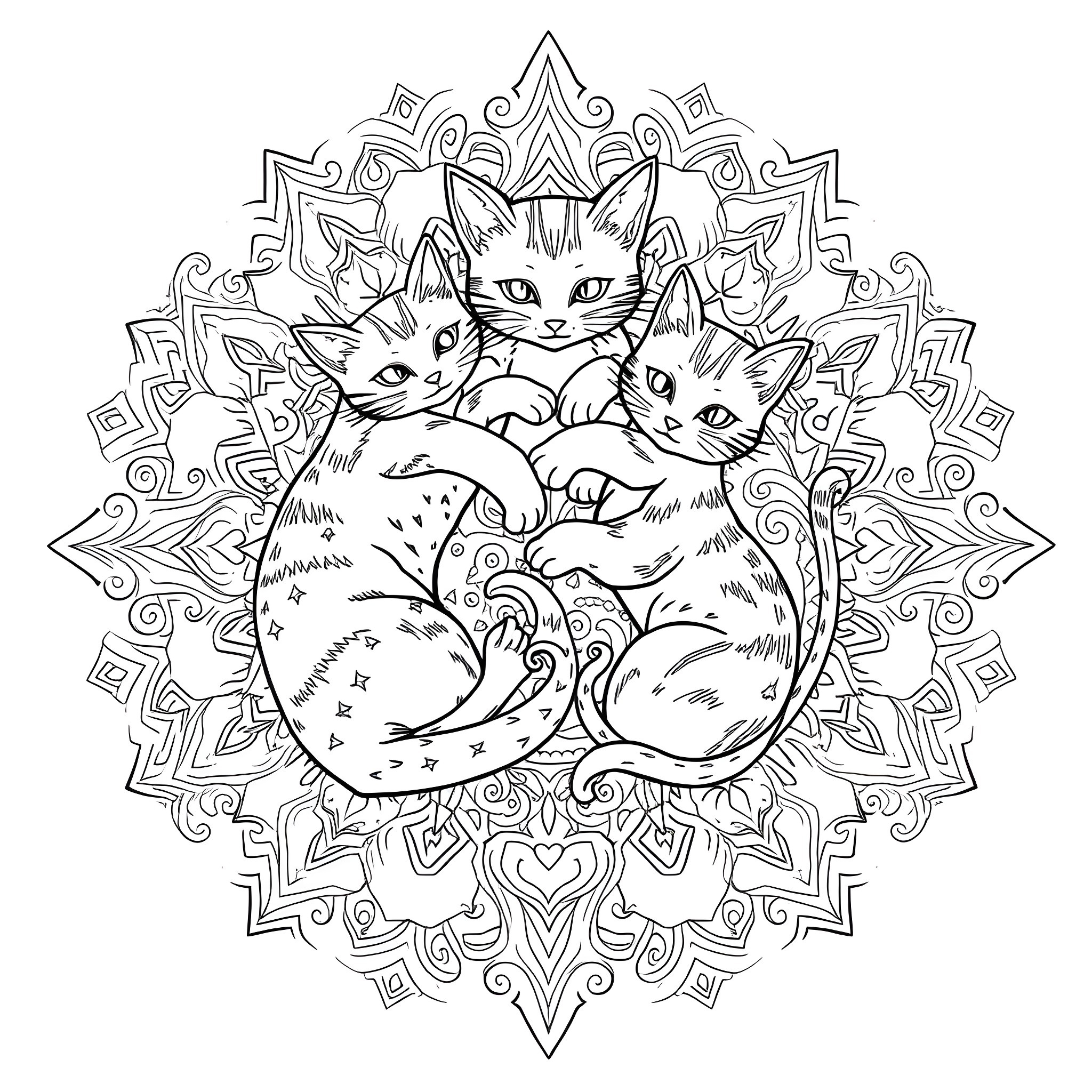 Cats in Decorative Frame Coloring Page (free black-and-white line drawing printable PDF for all, from beginners to advanced learners, including children, teens, adults, and seniors)