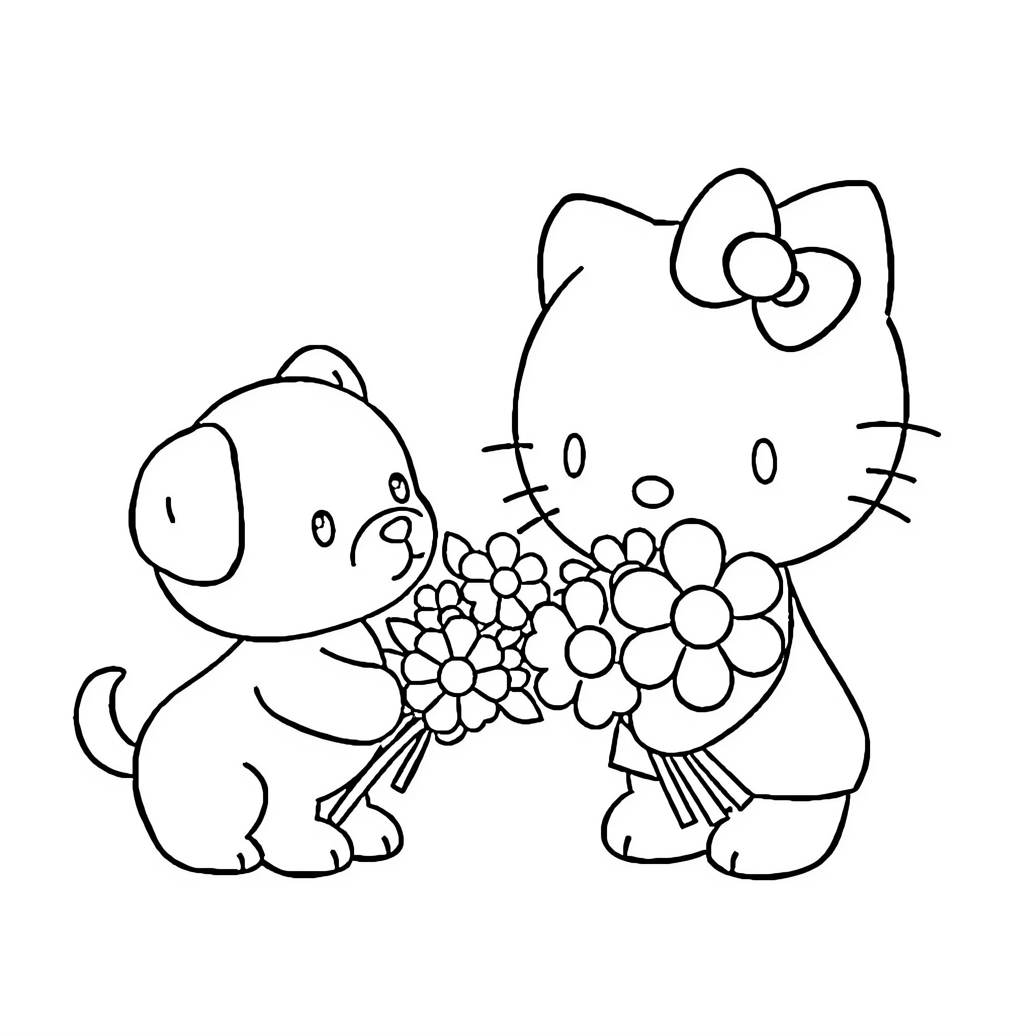 Hello Kitty and Puppy with Flowers Coloring Page (free black-and-white line drawing printable PDF for all, from beginners to advanced learners, including children, teens, adults, and seniors)
