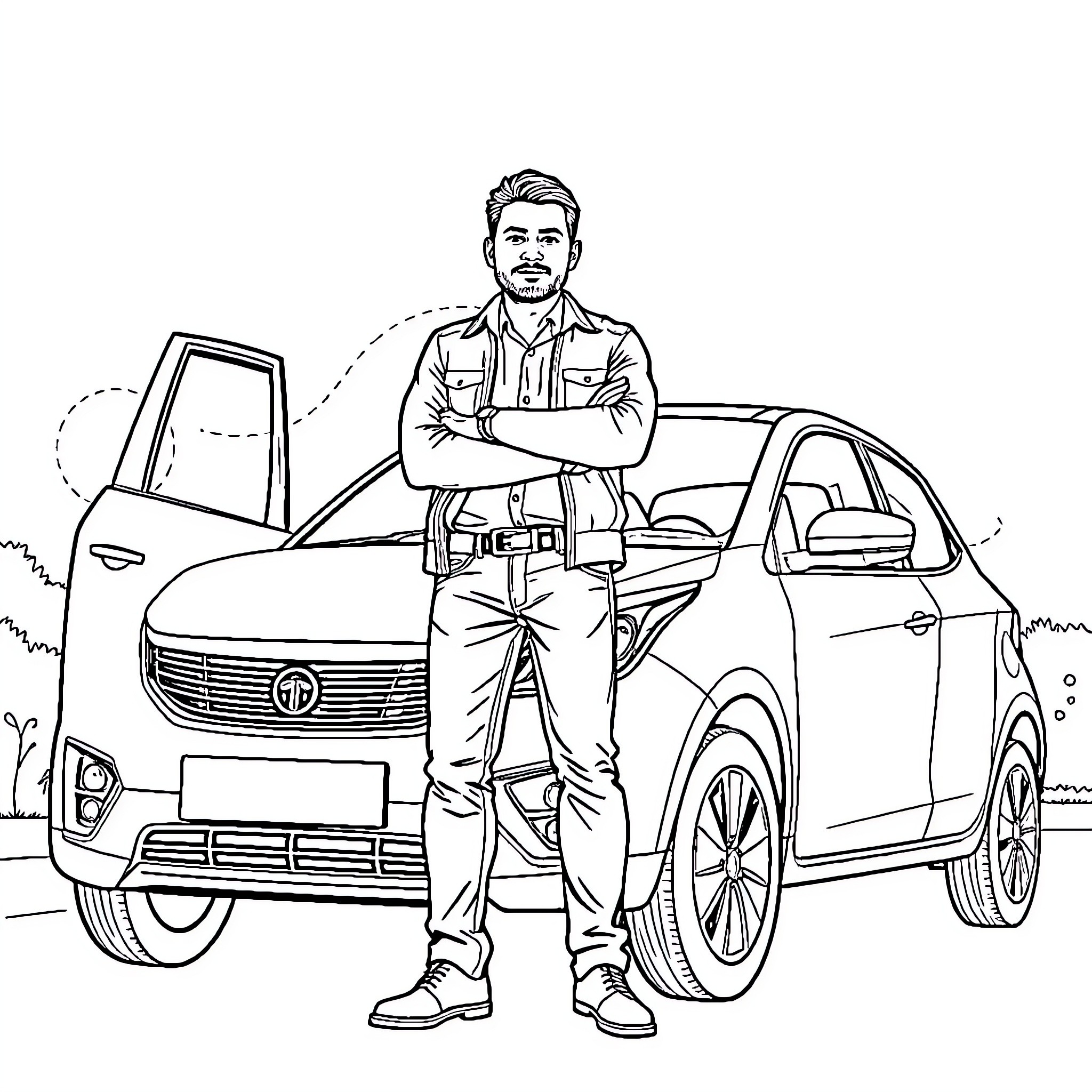 Guy with car in outdoor scene Coloring Page (free black-and-white line drawing printable PDF for all, from beginners to advanced learners, including children, teens, adults, and seniors)