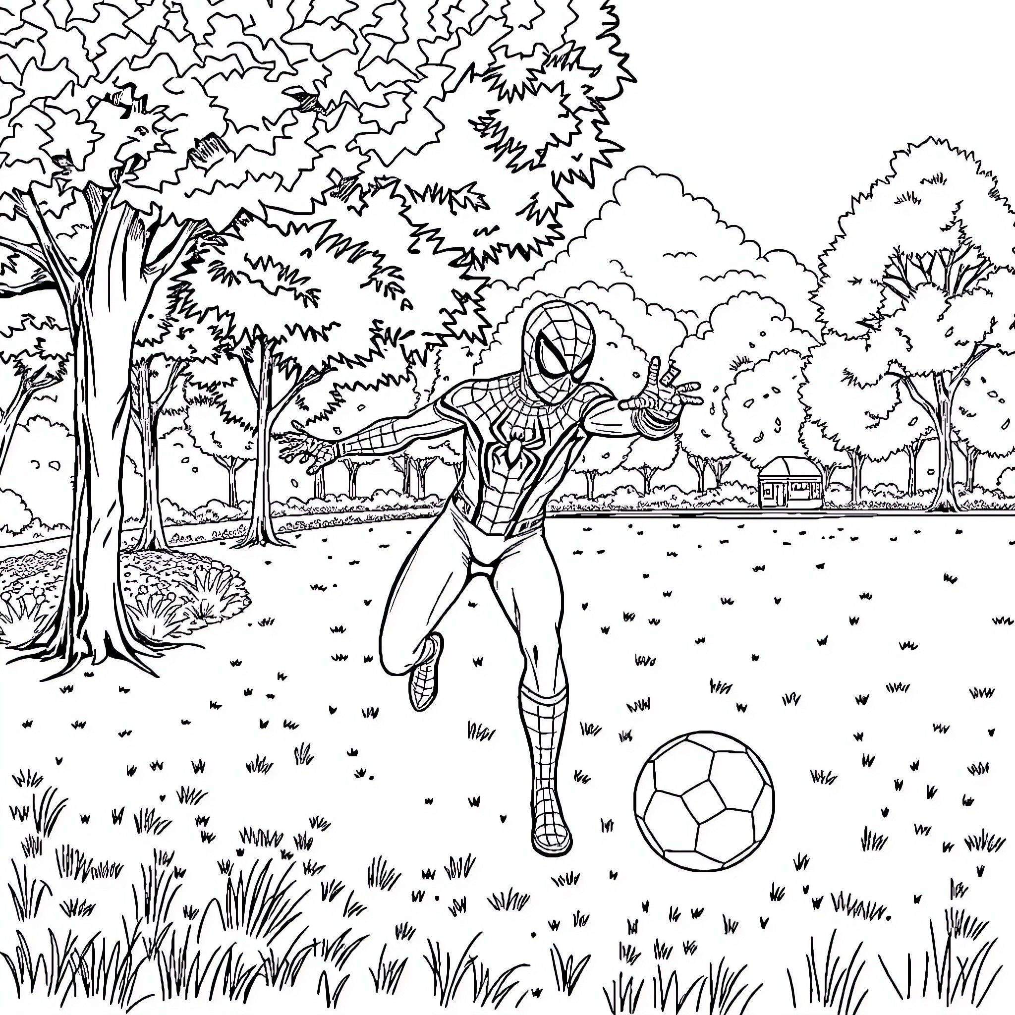 Spiderman playing soccer in a forest Coloring Page (free black-and-white line drawing printable PDF for all, from beginners to advanced learners, including children, teens, adults, and seniors)