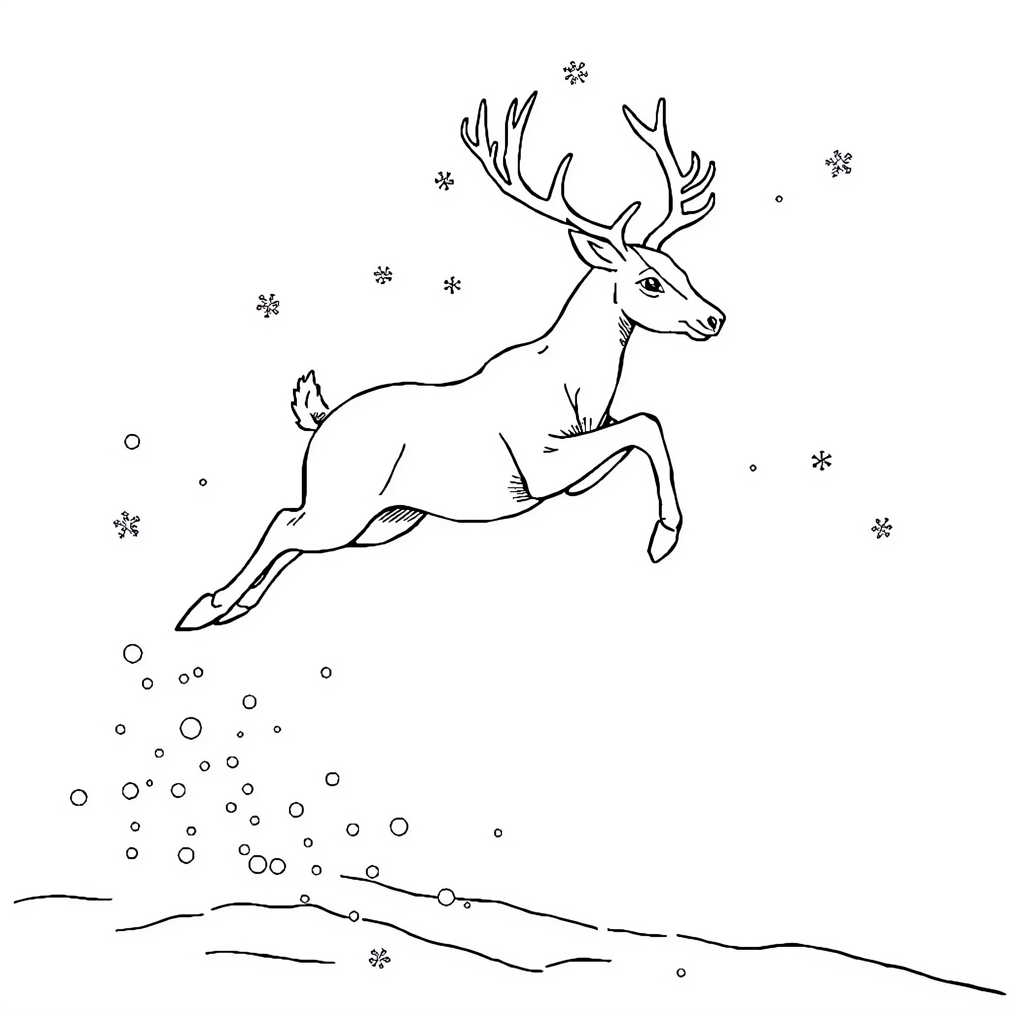 Deer leaping in a winter landscape Coloring Page (free black-and-white line drawing printable PDF for all, from beginners to advanced learners, including children, teens, adults, and seniors)
