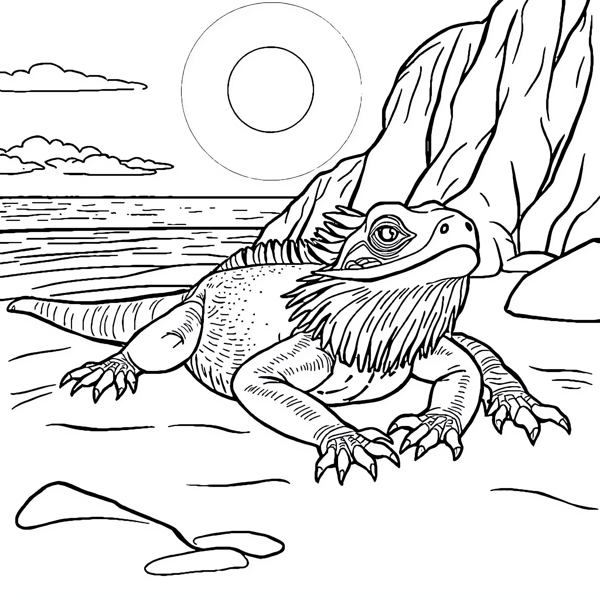 Bearded Dragon Relaxing in the Desert Landscape Coloring Page (free black-and-white line drawing printable PDF for all, from beginners to advanced learners, including children, teens, adults, and seniors)
