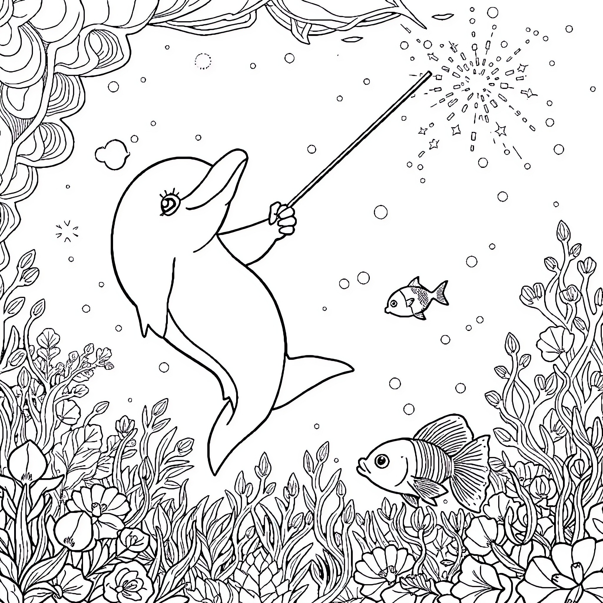 Dolphin playing with magic wand in underwater garden Coloring Page (free black-and-white line drawing printable PDF for all, from beginners to advanced learners, including children, teens, adults, and seniors)