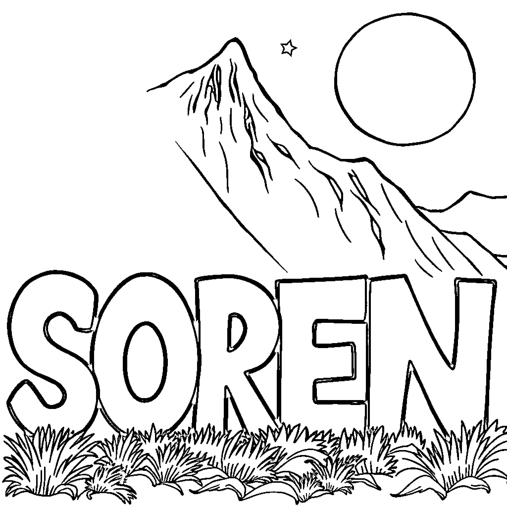 Soren enjoying the majestic mountains under the starry sky Coloring Page (free black-and-white line drawing printable PDF for all, from beginners to advanced learners, including children, teens, adults, and seniors)