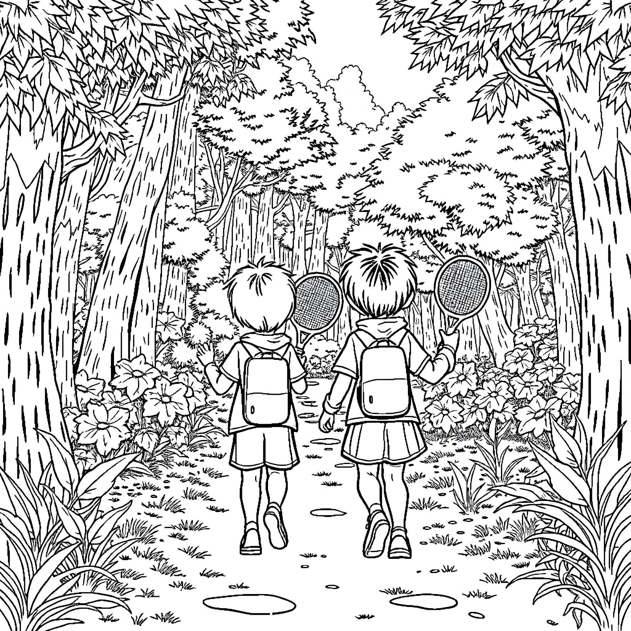 Kid friends exploring enchanted forest landscape Coloring Page (free black-and-white line drawing printable PDF for all, from beginners to advanced learners, including children, teens, adults, and seniors)