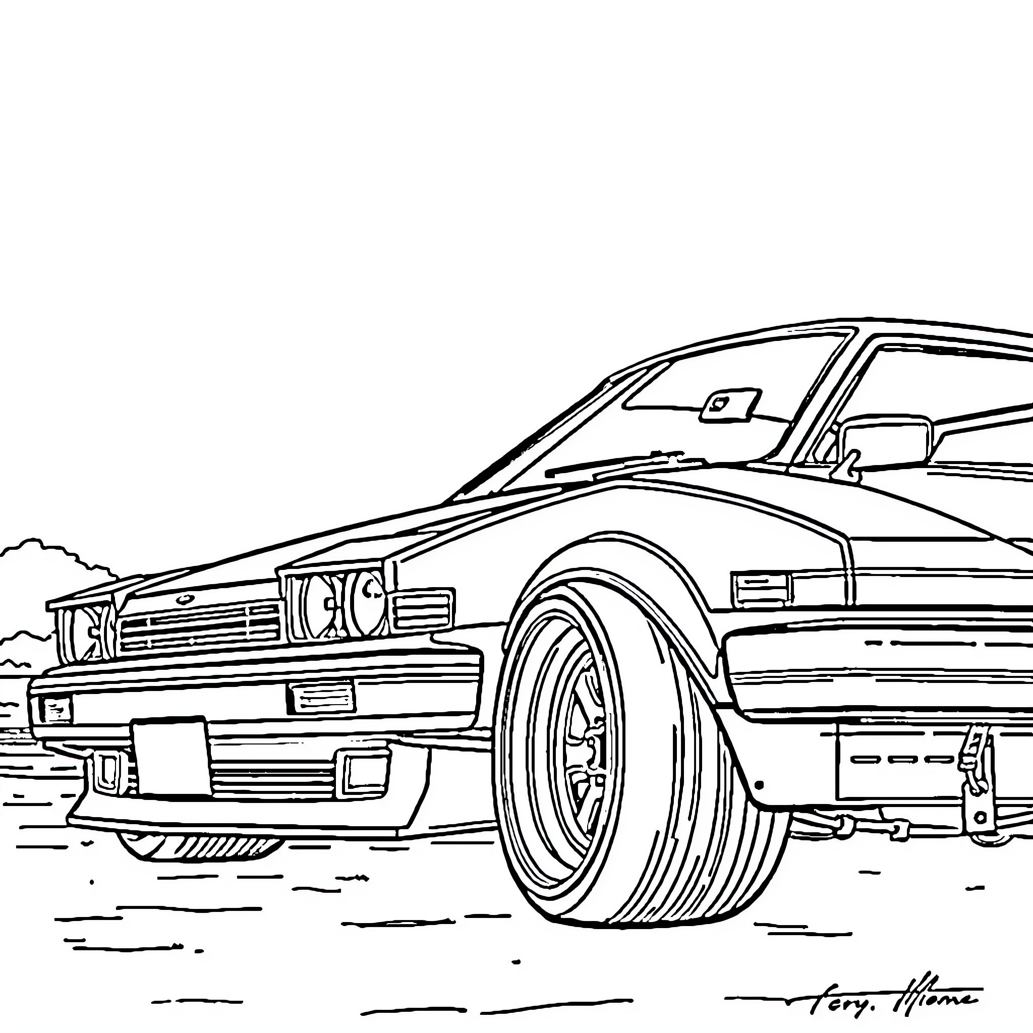 Toyota sports car in racing stance Coloring Page (free black-and-white line drawing printable PDF for all, from beginners to advanced learners, including children, teens, adults, and seniors)