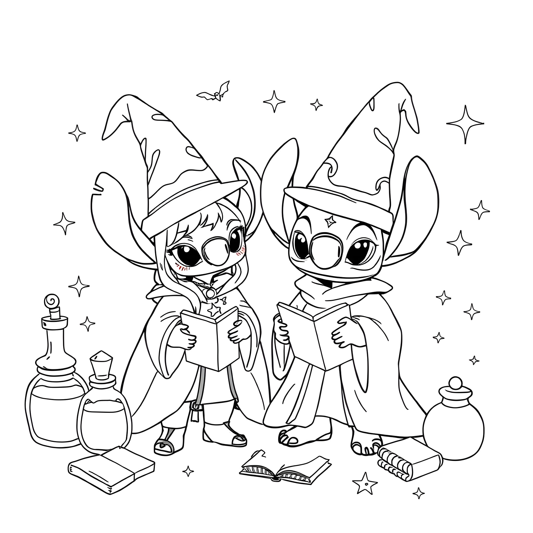 Lili and Stitch Studying Magic in a Starry Night Coloring Page (free black-and-white line drawing printable PDF for all, from beginners to advanced learners, including children, teens, adults, and seniors)
