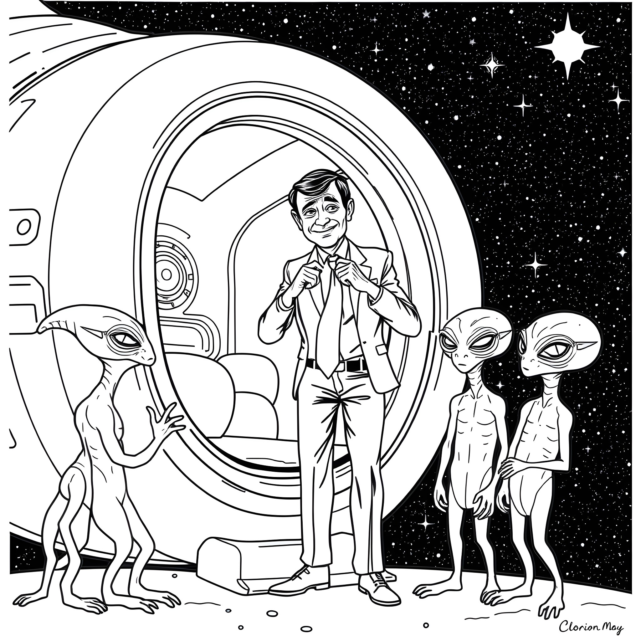 Mr Bean encounters alien visitors in a cosmic setting Coloring Page (free black-and-white line drawing printable PDF for all, from beginners to advanced learners, including children, teens, adults, and seniors)
