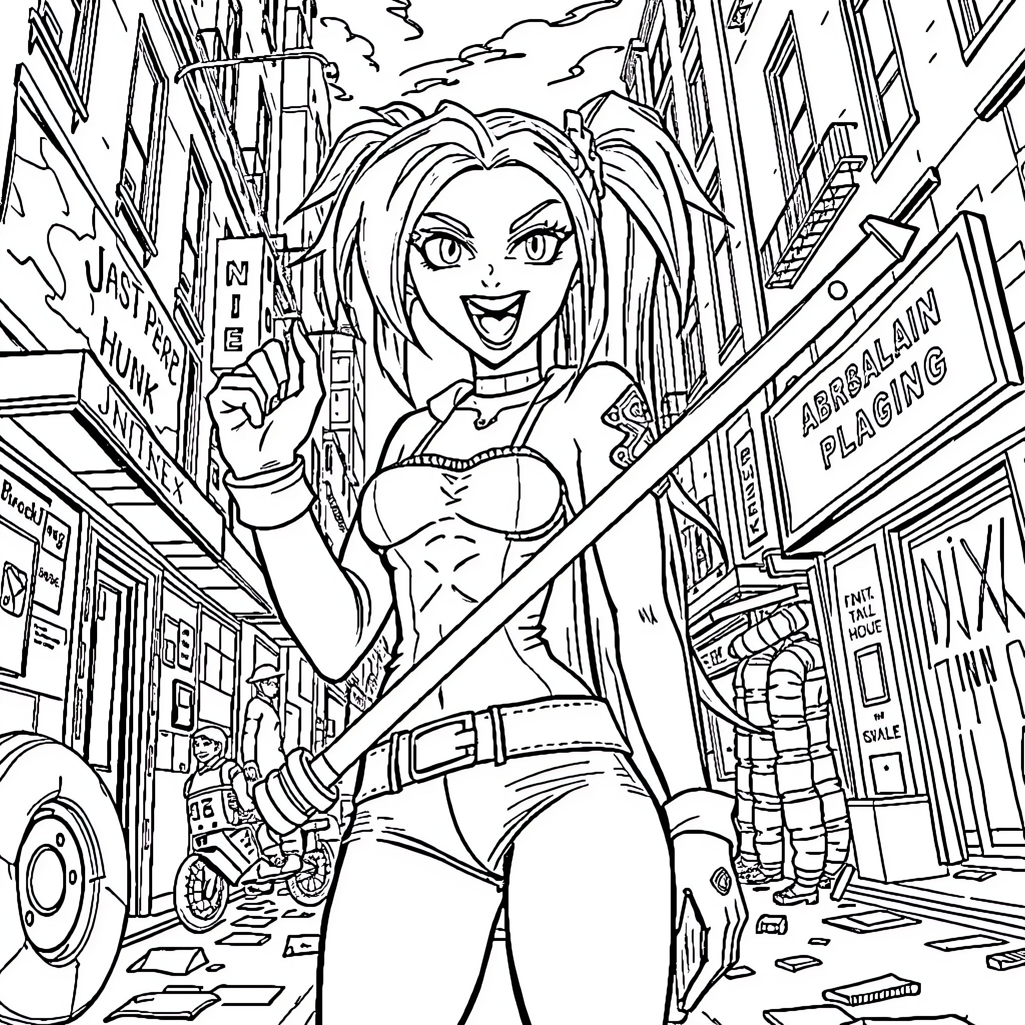 Jinx exploring the vibrant city streets Coloring Page (free black-and-white line drawing printable PDF for all, from beginners to advanced learners, including children, teens, adults, and seniors)