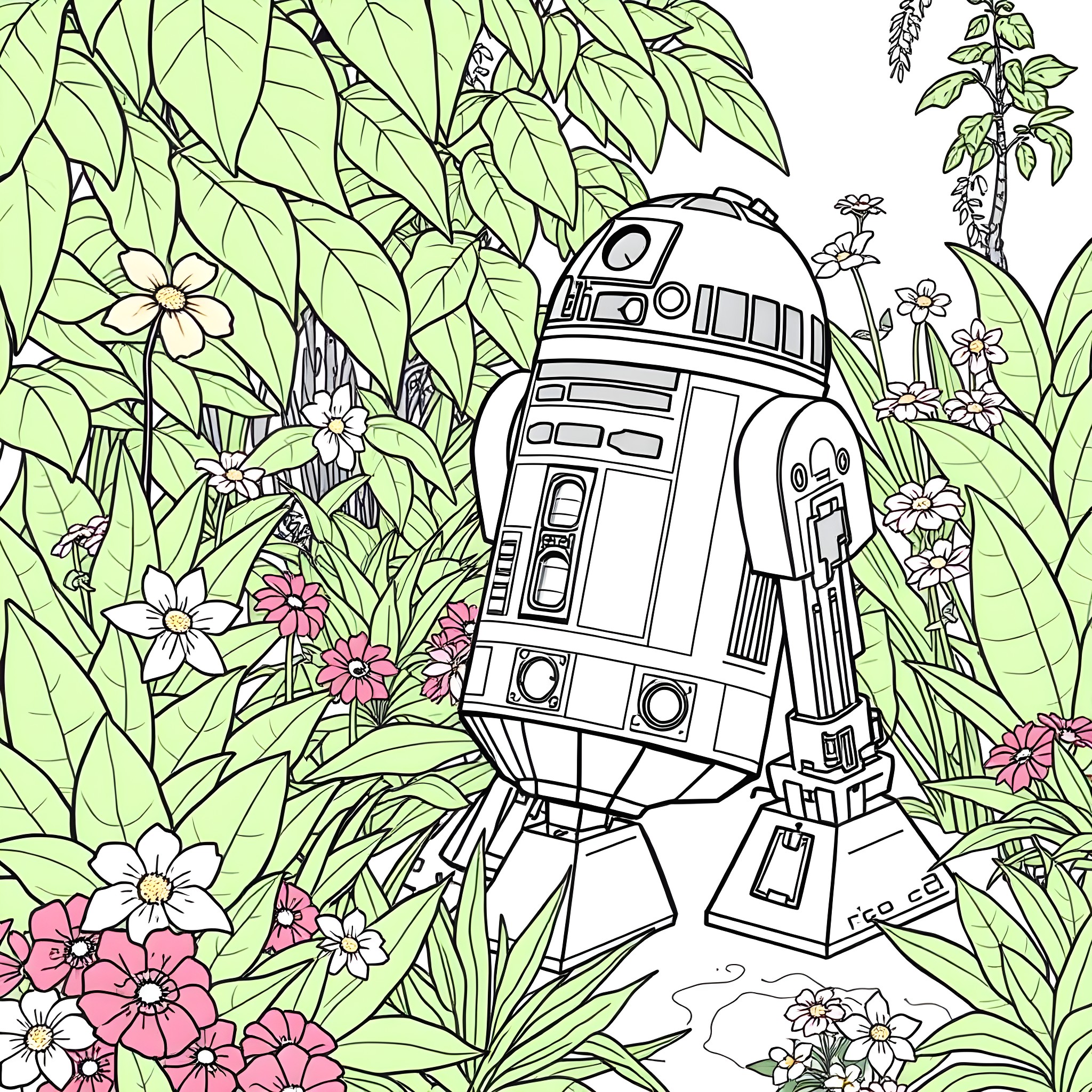 R2D2 in a colorful floral garden Coloring Page (free black-and-white line drawing printable PDF for all, from beginners to advanced learners, including children, teens, adults, and seniors)