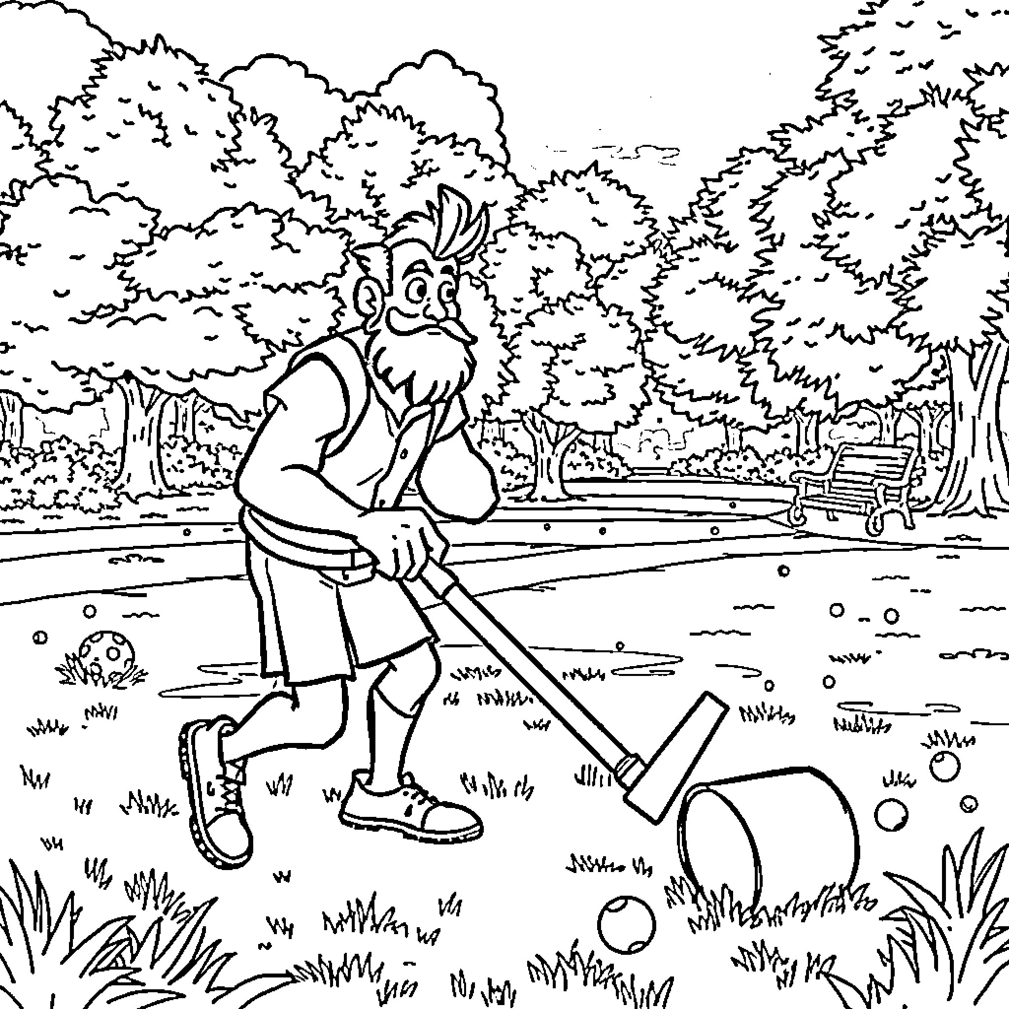 Jayce gardening in the forest Coloring Page (free black-and-white line drawing printable PDF for all, from beginners to advanced learners, including children, teens, adults, and seniors)