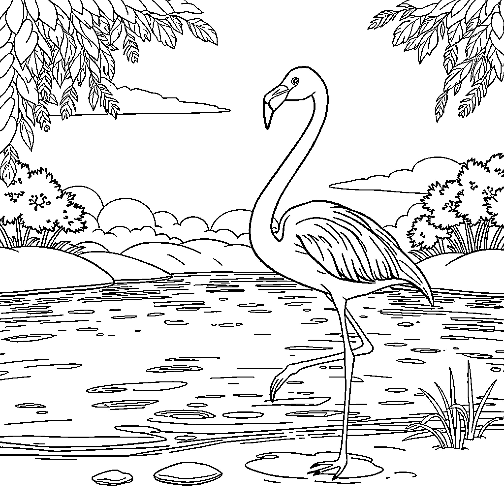 Flamingo by the serene lake Coloring Page (free black-and-white line drawing printable PDF for all, from beginners to advanced learners, including children, teens, adults, and seniors)