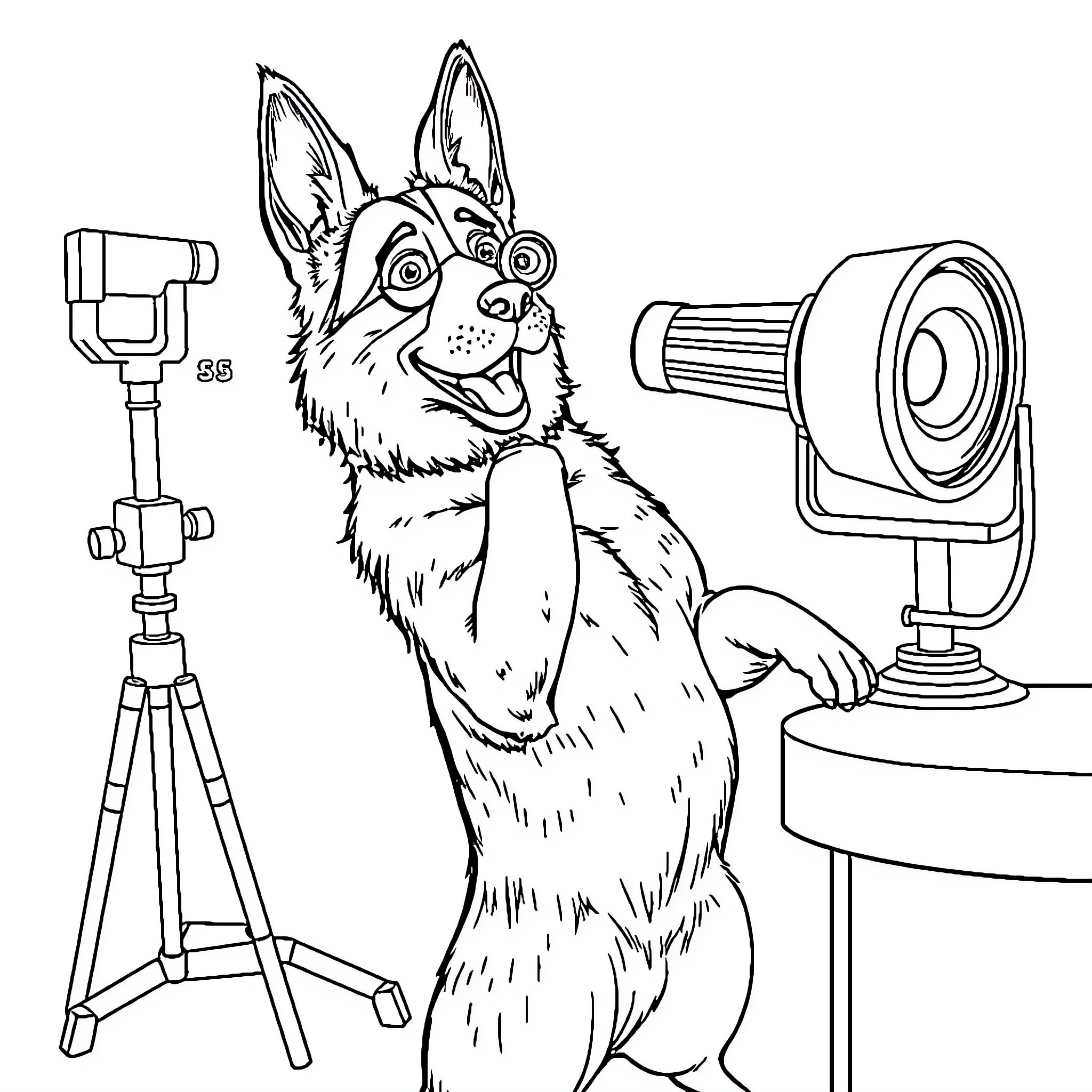 German Shepherd poses happily for photoshoot Coloring Page (free black-and-white line drawing printable PDF for all, from beginners to advanced learners, including children, teens, adults, and seniors)