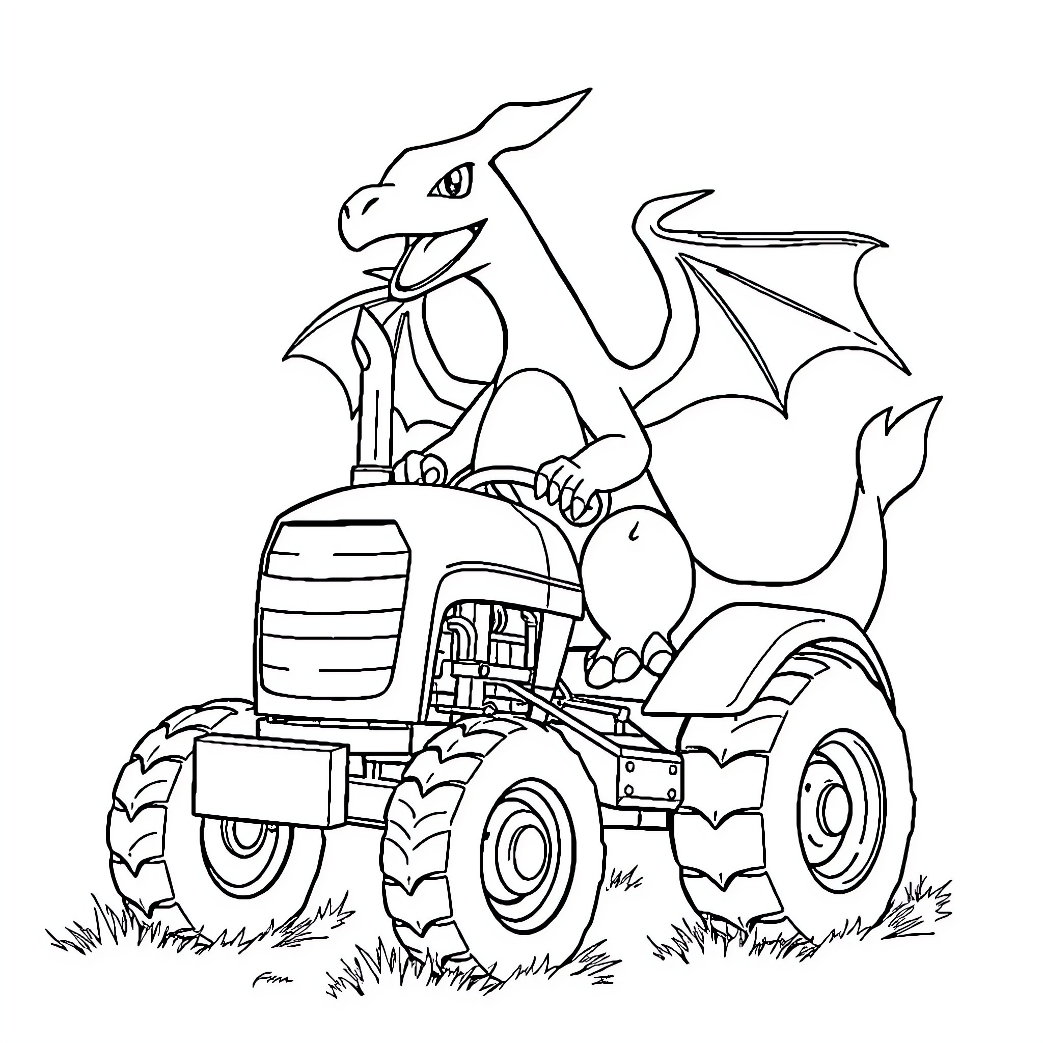 Charizard Driving a Tractor in the Field Coloring Page (free black-and-white line drawing printable PDF for all, from beginners to advanced learners, including children, teens, adults, and seniors)