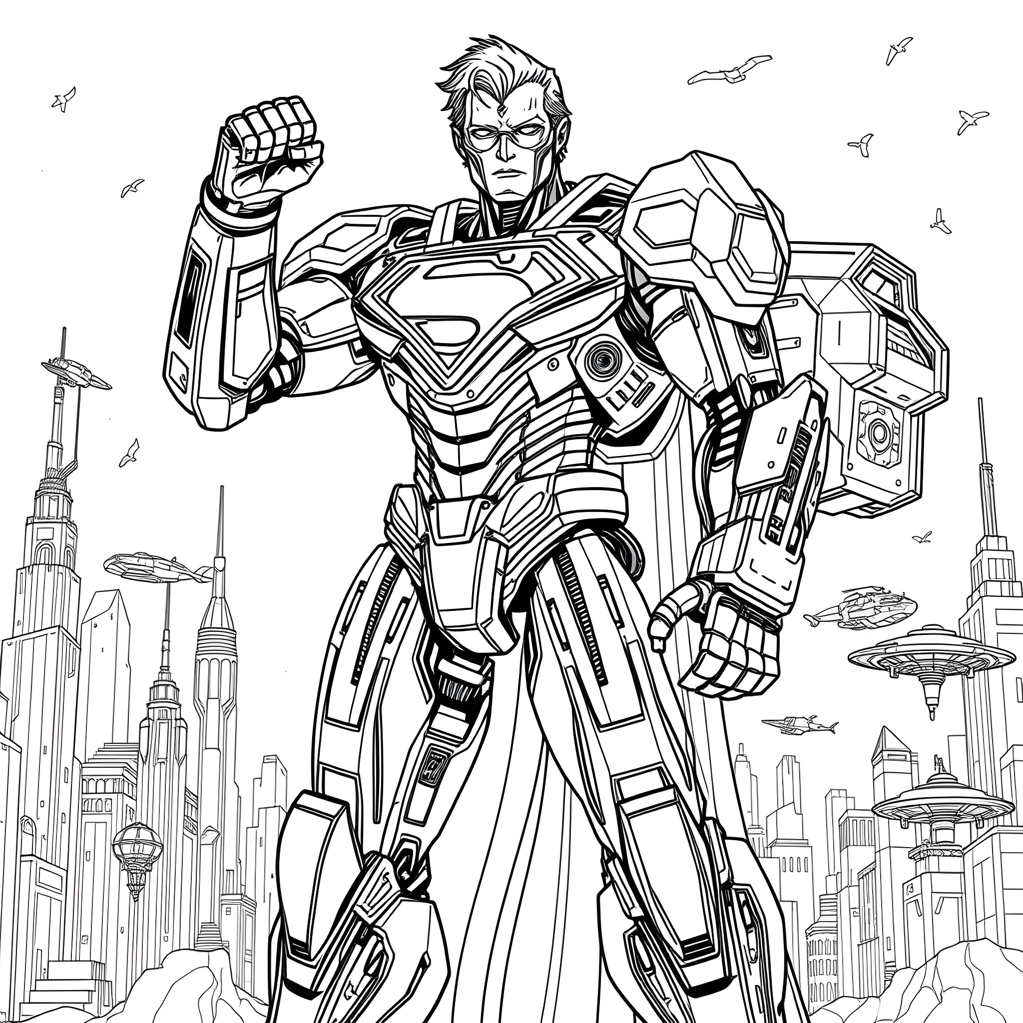 Mecha Superman standing tall in futuristic city Coloring Page (free black-and-white line drawing printable PDF for all, from beginners to advanced learners, including children, teens, adults, and seniors)