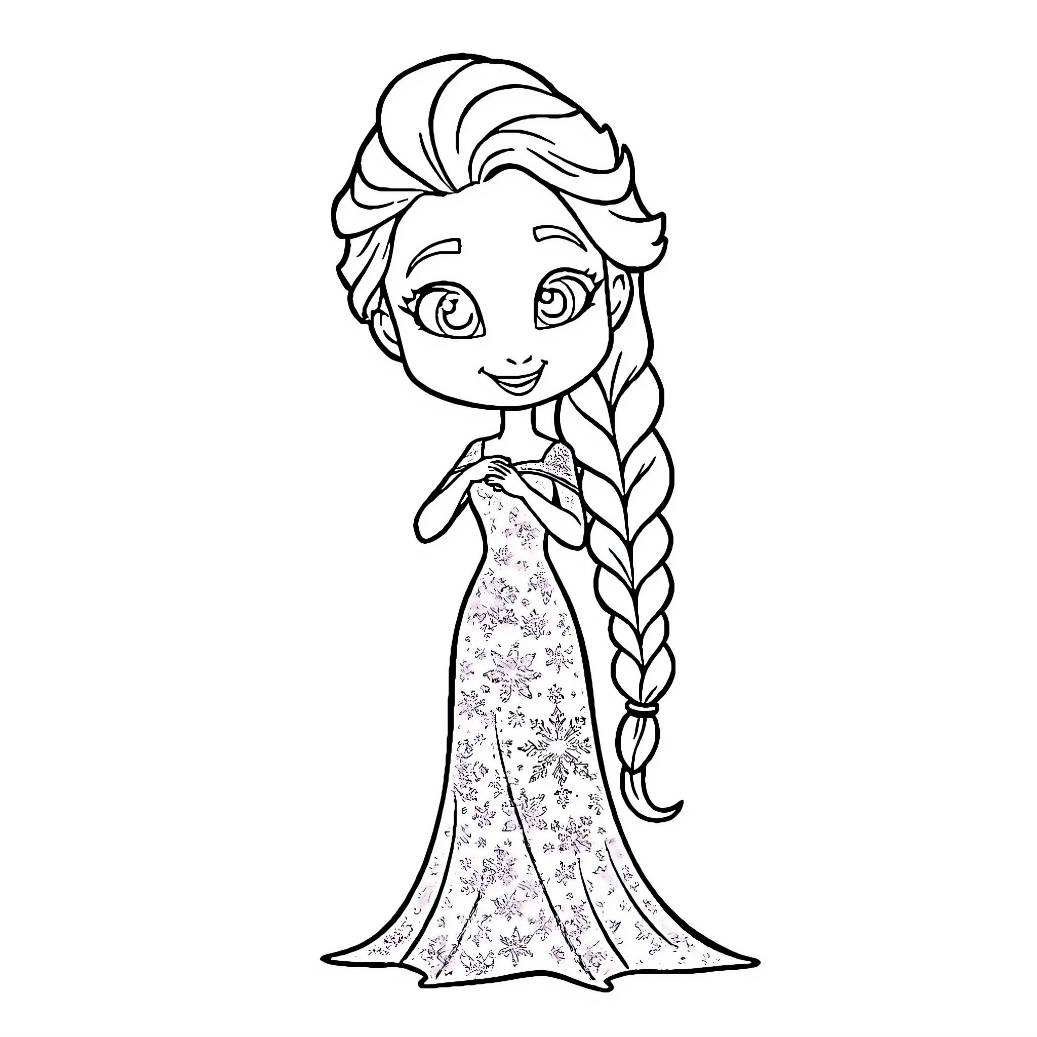 Elsa in a Sparkling Dress with Braided Hair Coloring Page (free black-and-white line drawing printable PDF for all, from beginners to advanced learners, including children, teens, adults, and seniors)