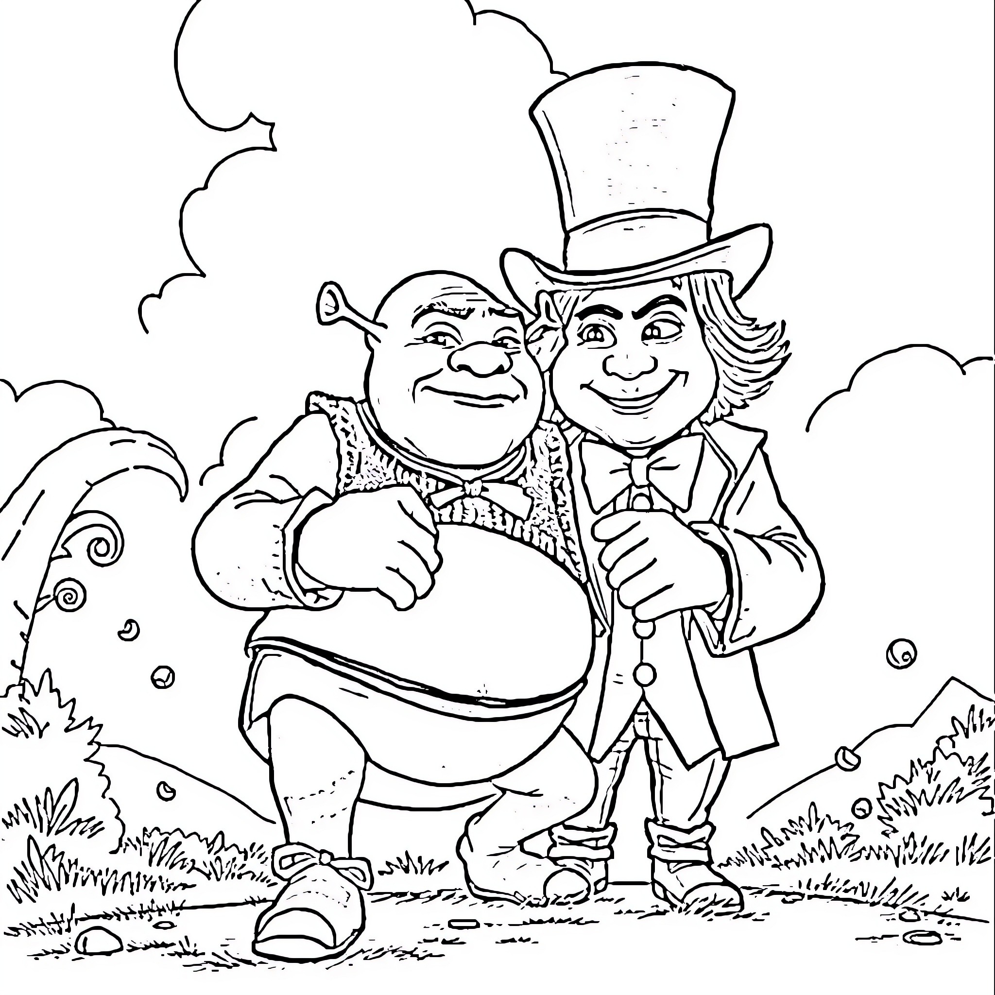 Shrek and Lord Farquaad in Cartoon Outfits Coloring Page (free black-and-white line drawing printable PDF for all, from beginners to advanced learners, including children, teens, adults, and seniors)