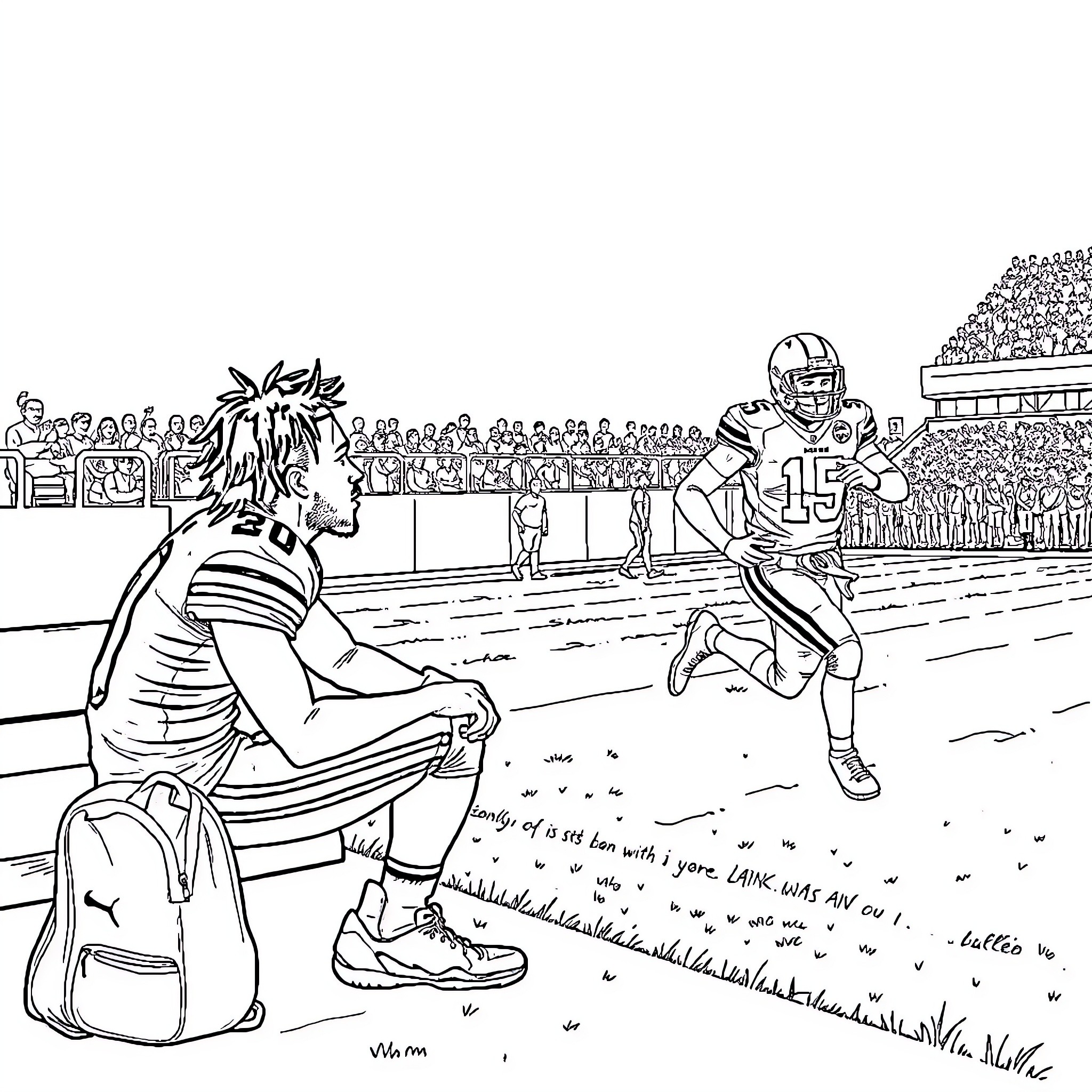 Jalen Hurts plays football on the field with teammates Coloring Page (free black-and-white line drawing printable PDF for all, from beginners to advanced learners, including children, teens, adults, and seniors)