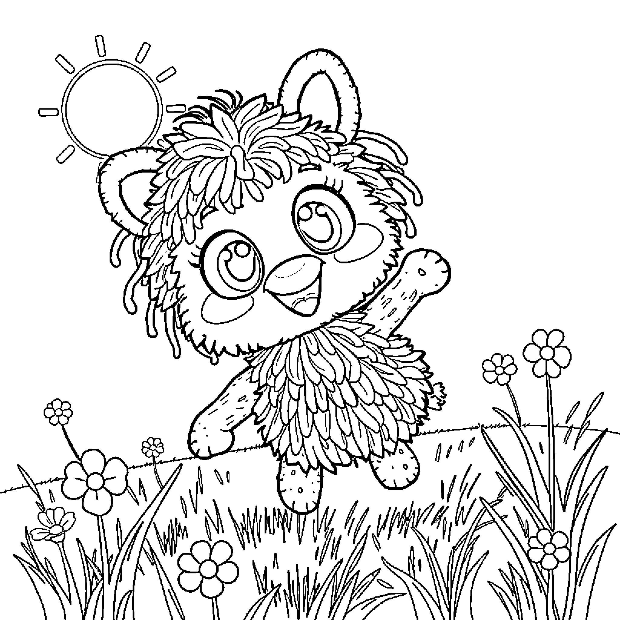 Yarnabi's Playful Adventure in the Meadow Coloring Page (free black-and-white line drawing printable PDF for all, from beginners to advanced learners, including children, teens, adults, and seniors)
