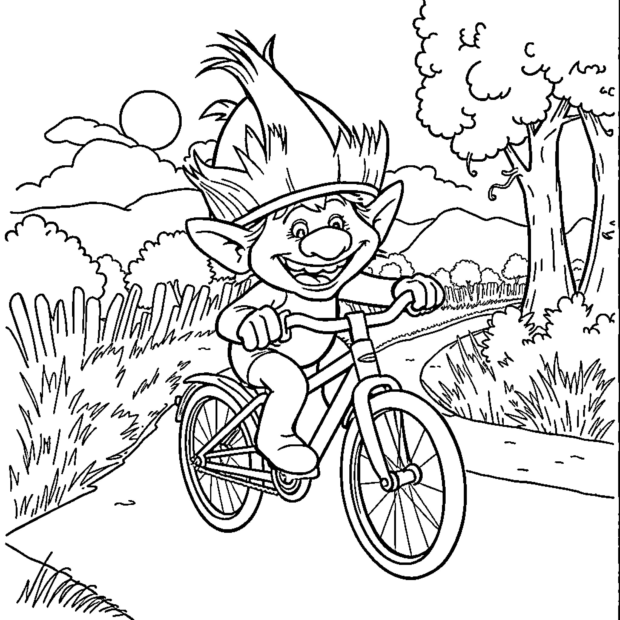 Troll riding a bicycle on a forest path Coloring Page (free black-and-white line drawing printable PDF for all, from beginners to advanced learners, including children, teens, adults, and seniors)