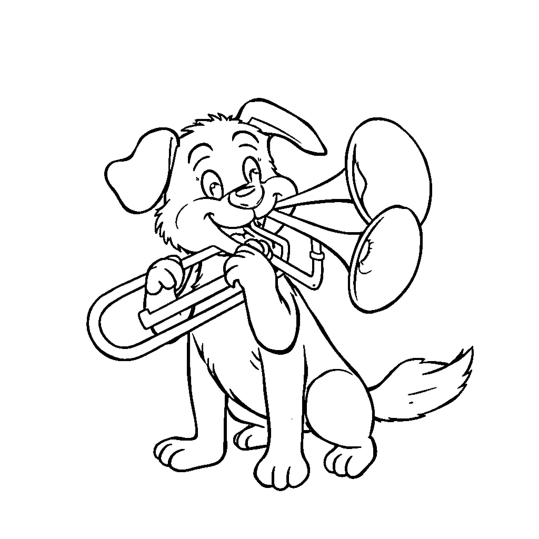 Dog playing with a trombone Coloring Page (free black-and-white line drawing printable PDF for all, from beginners to advanced learners, including children, teens, adults, and seniors)