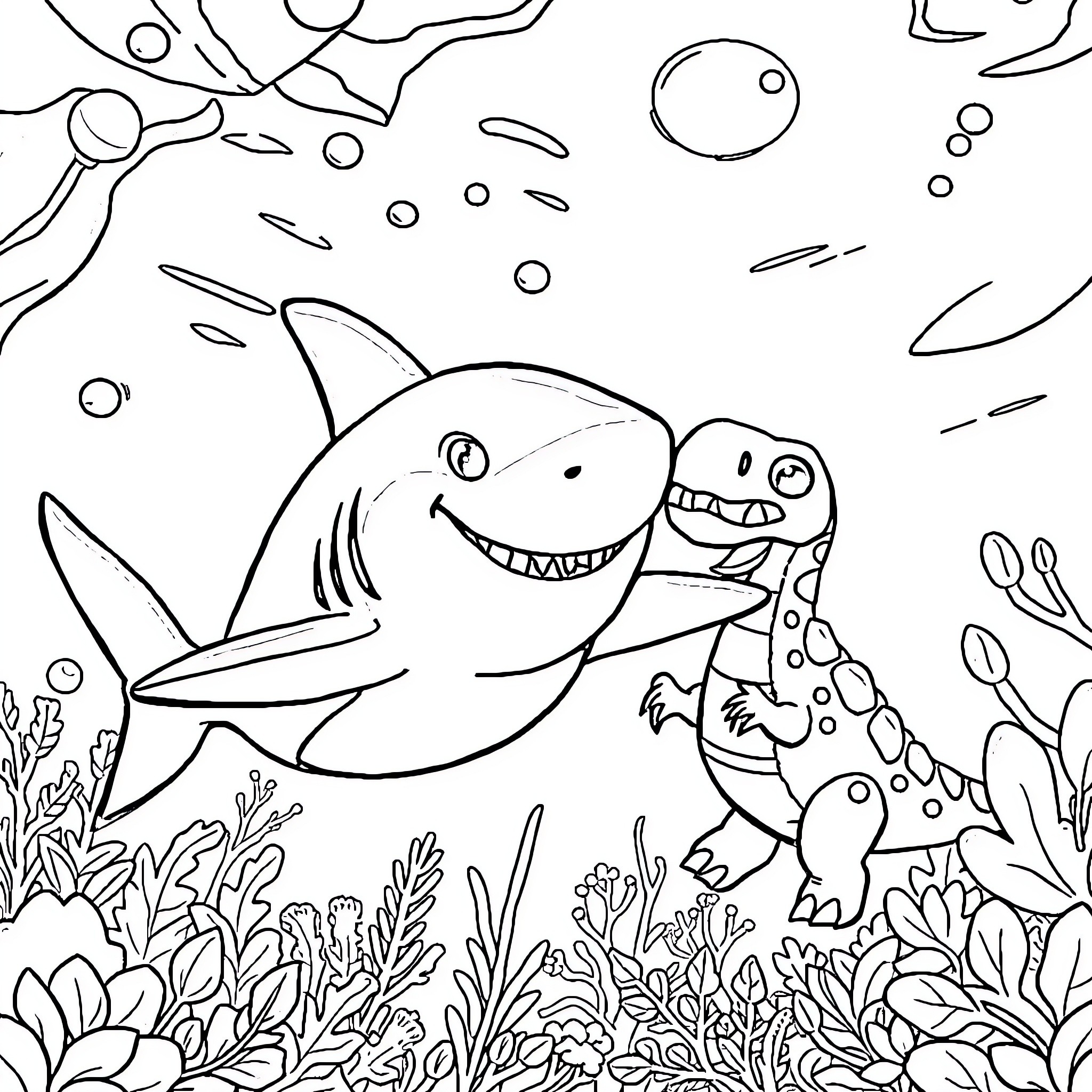 Shark playing joyfully with sea creatures Coloring Page (free black-and-white line drawing printable PDF for all, from beginners to advanced learners, including children, teens, adults, and seniors)