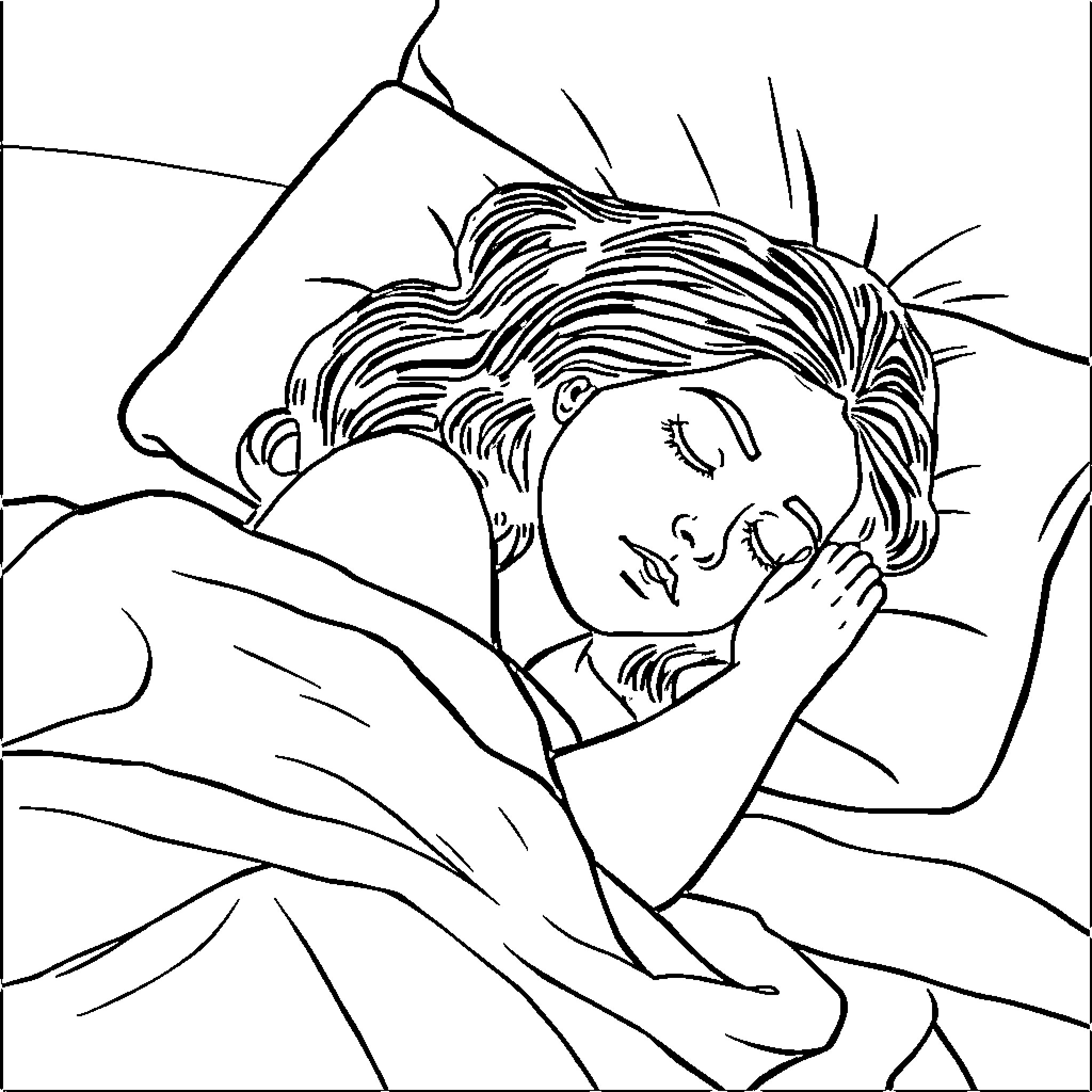 Mommy gently comforts sleeping child Coloring Page (free black-and-white line drawing printable PDF for all, from beginners to advanced learners, including children, teens, adults, and seniors)