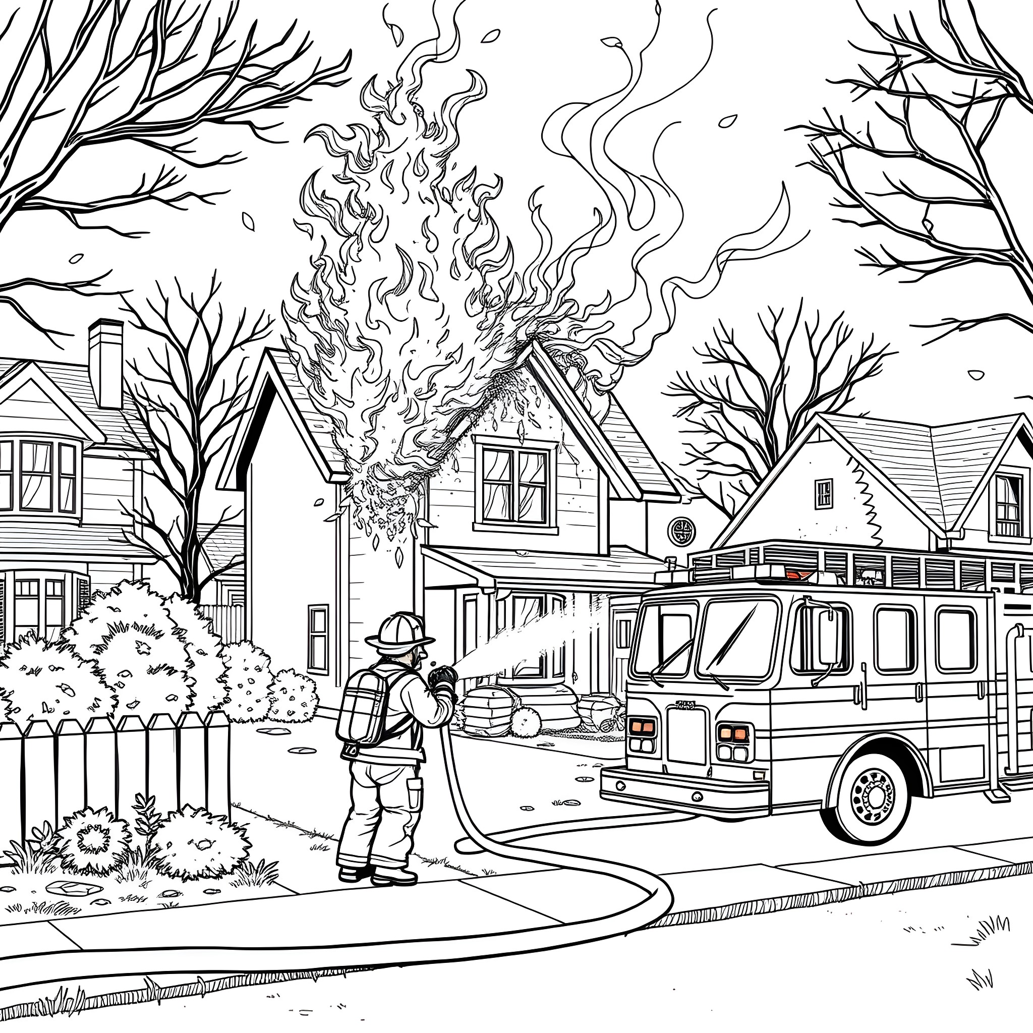 Firefighter battles blaze in neighborhood Coloring Page (free black-and-white line drawing printable PDF for all, from beginners to advanced learners, including children, teens, adults, and seniors)