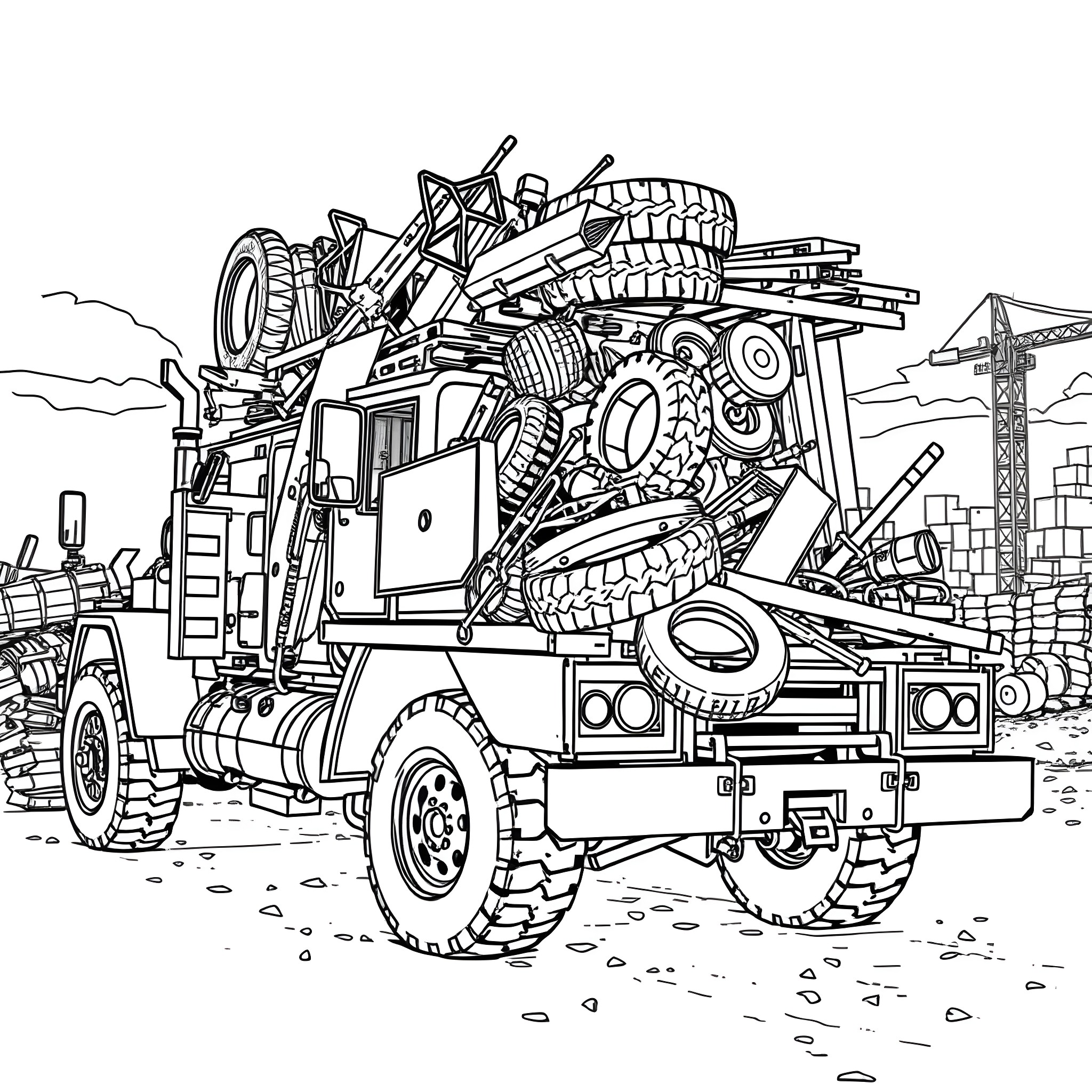 Truck carrying construction equipment on site Coloring Page (free black-and-white line drawing printable PDF for all, from beginners to advanced learners, including children, teens, adults, and seniors)