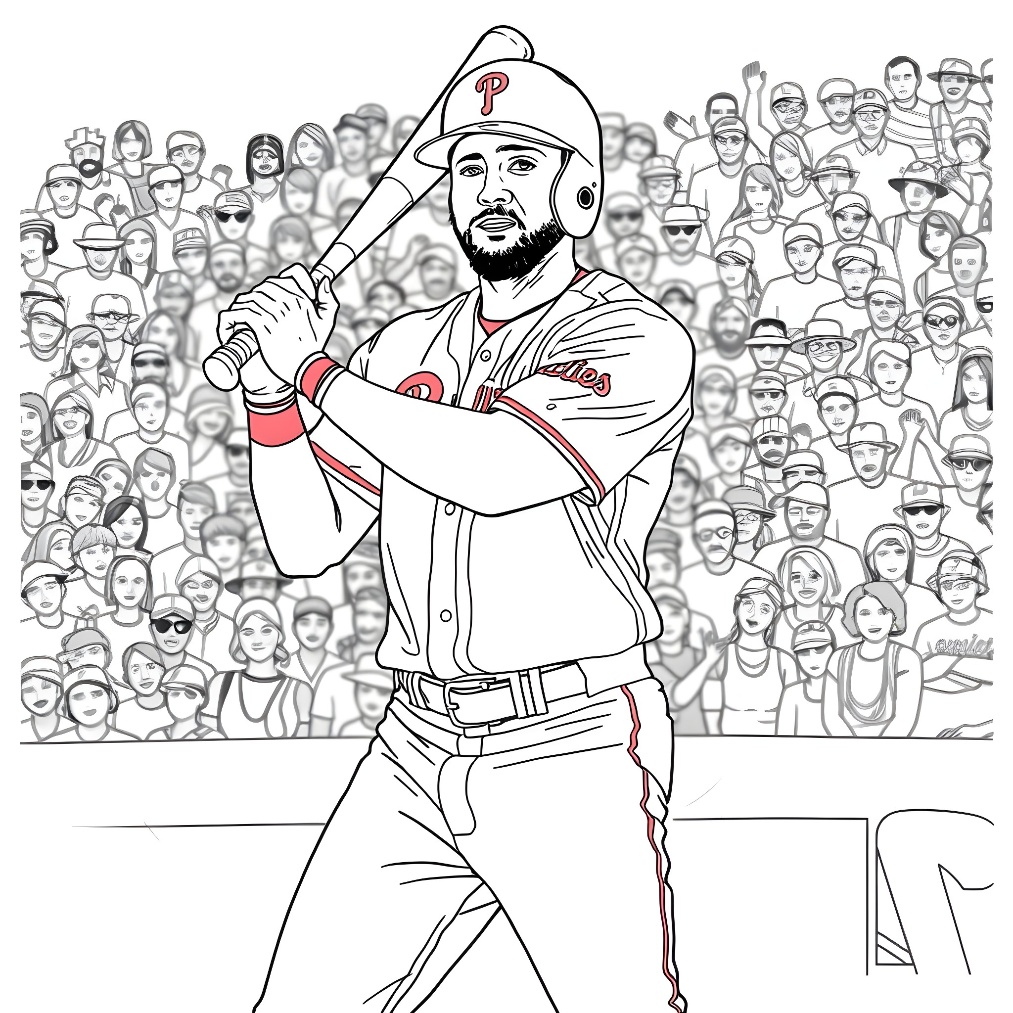 Trae Turner's Confident Batting Stance in Front of Cheering Crowd Coloring Page (free black-and-white line drawing printable PDF for all, from beginners to advanced learners, including children, teens, adults, and seniors)
