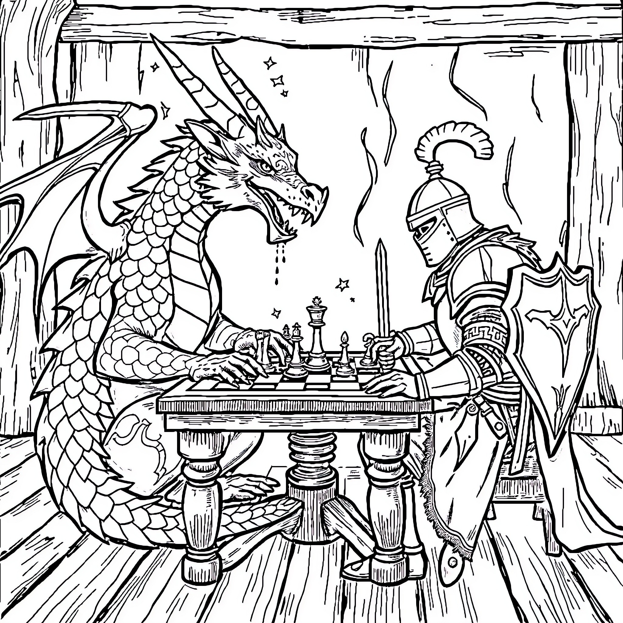 Dragon playing chess with armored knight Coloring Page (free black-and-white line drawing printable PDF for all, from beginners to advanced learners, including children, teens, adults, and seniors)