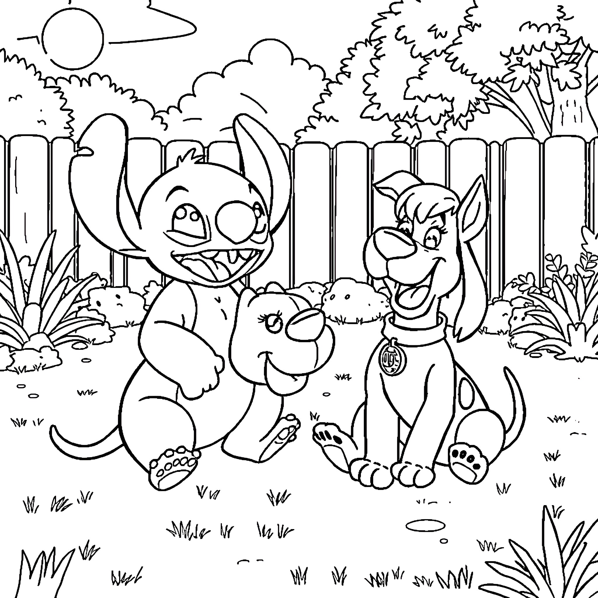 Lilo And Stitch playing in the backyard Coloring Page (free black-and-white line drawing printable PDF for all, from beginners to advanced learners, including children, teens, adults, and seniors)