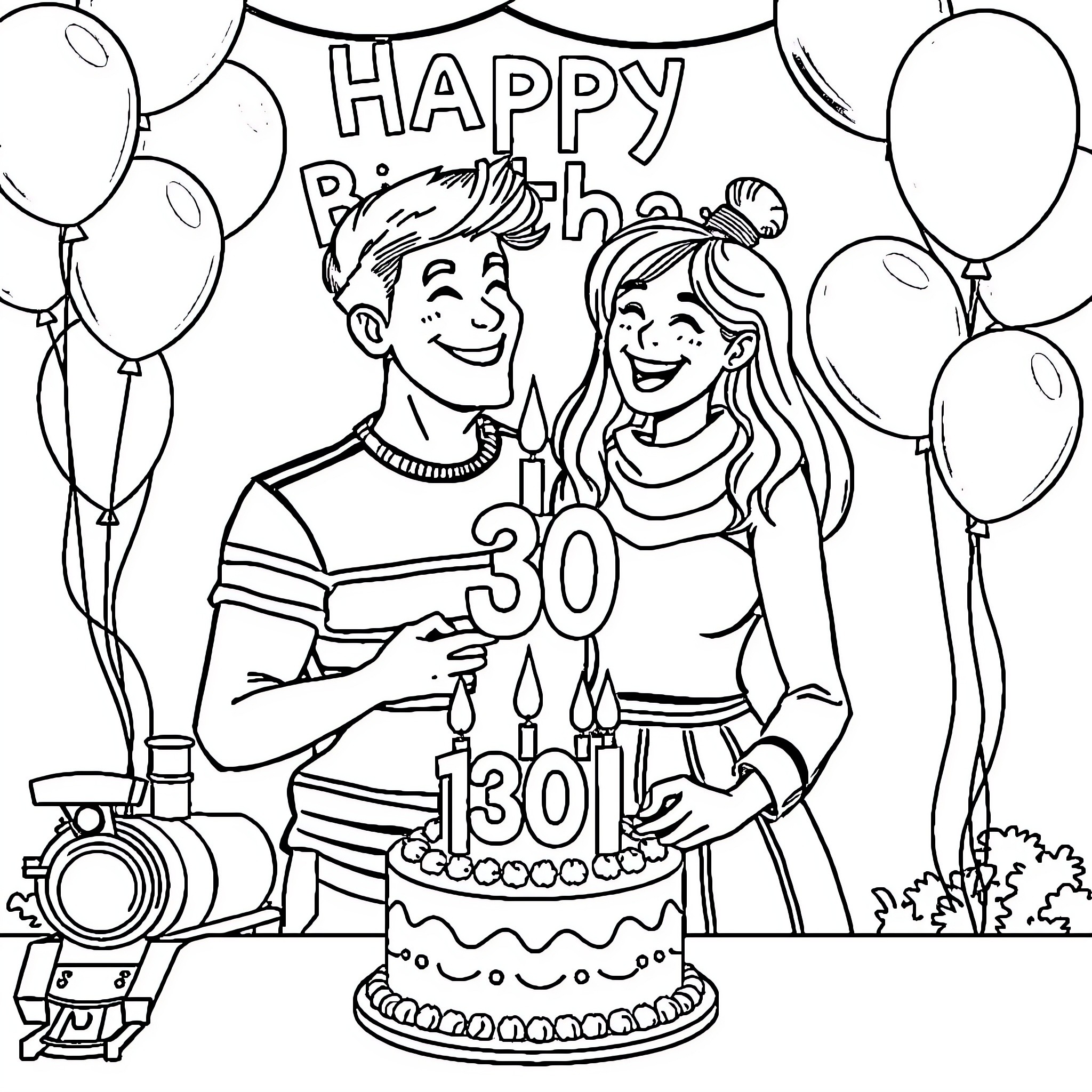 Train happy birthday celebration with couple Coloring Page (free black-and-white line drawing printable PDF for all, from beginners to advanced learners, including children, teens, adults, and seniors)
