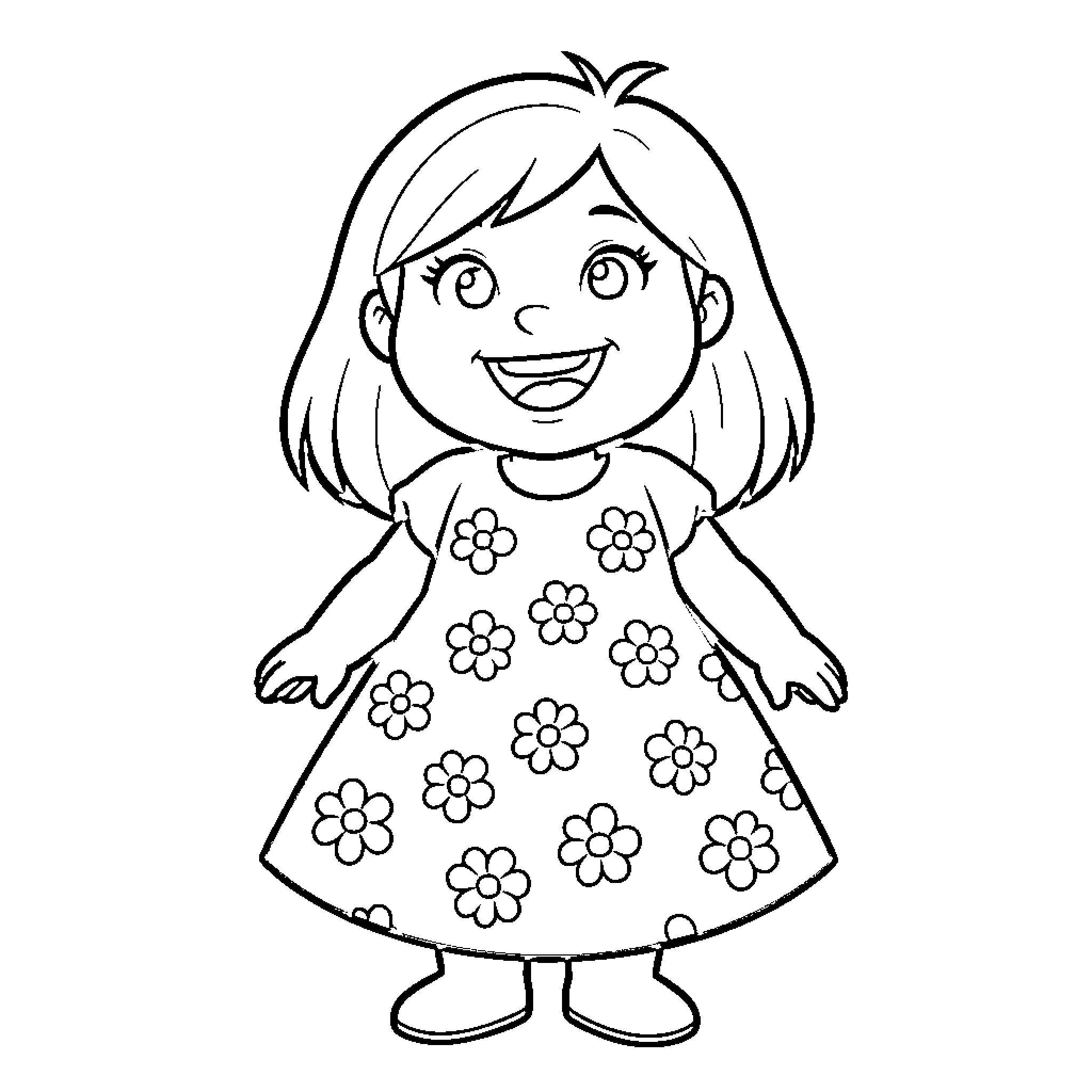 Lilo wearing floral dress and smiling happily Coloring Page (free black-and-white line drawing printable PDF for all, from beginners to advanced learners, including children, teens, adults, and seniors)