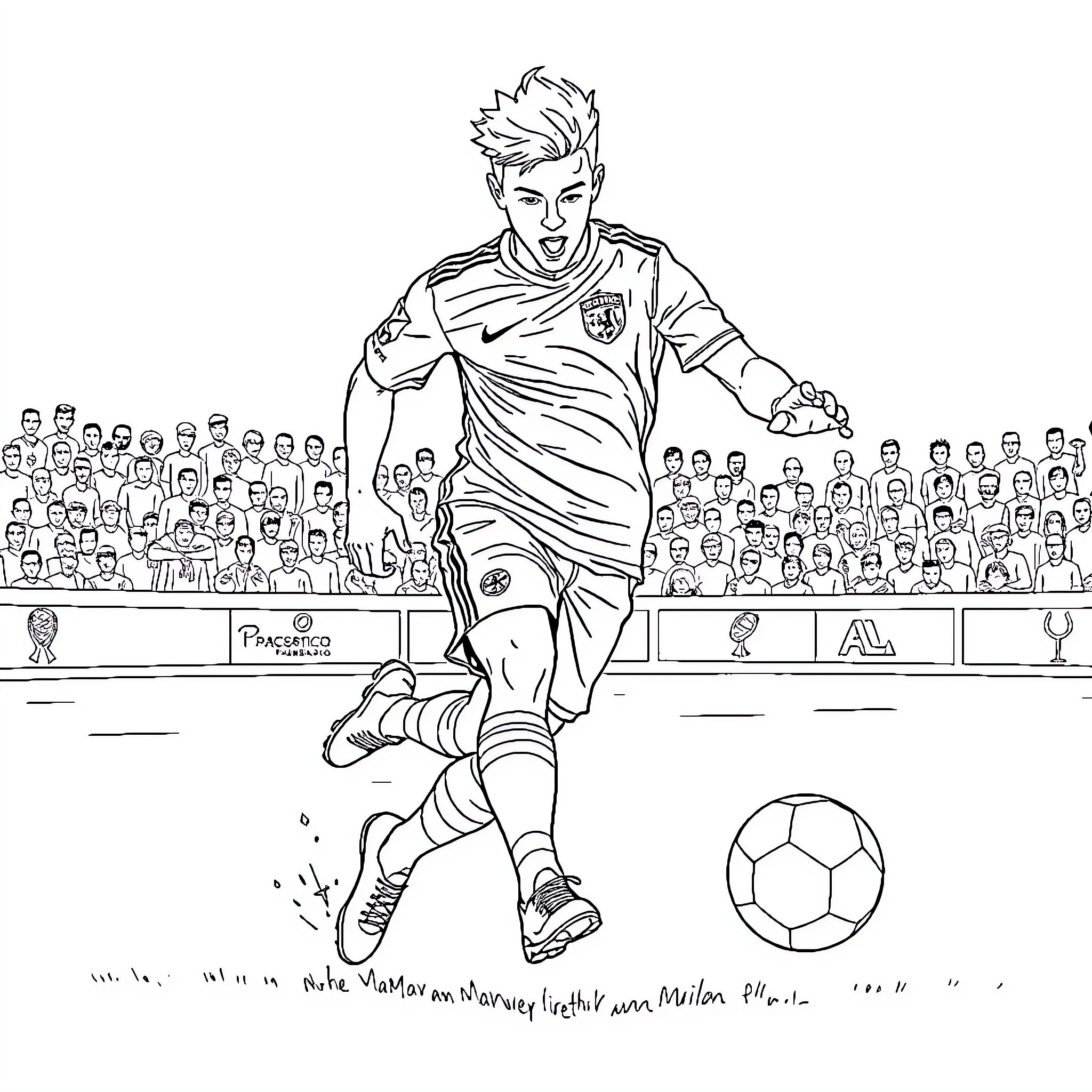 Adam in action on the soccer field Coloring Page (free black-and-white line drawing printable PDF for all, from beginners to advanced learners, including children, teens, adults, and seniors)
