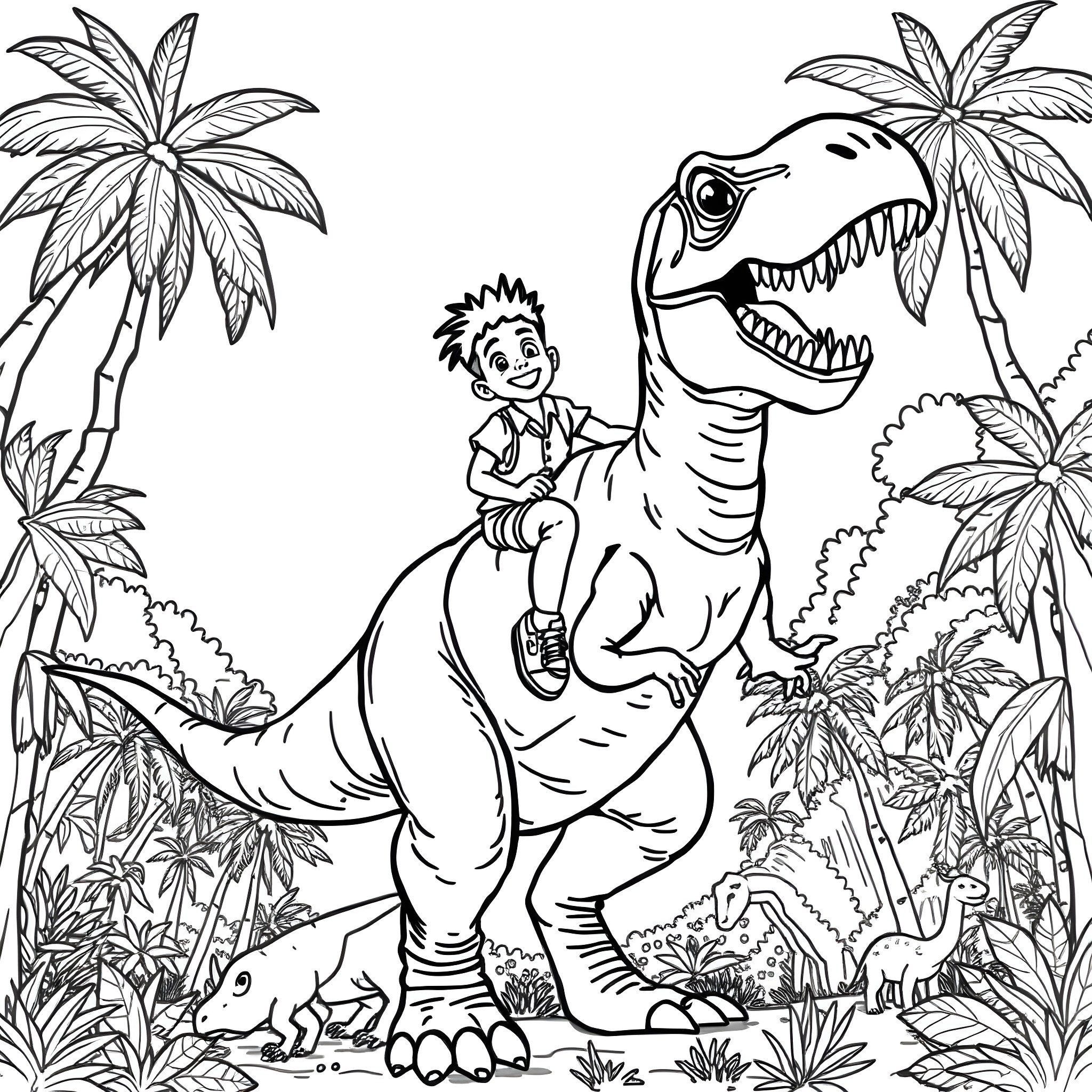 Boy riding a friendly dinosaur in the jungle Coloring Page (free black-and-white line drawing printable PDF for all, from beginners to advanced learners, including children, teens, adults, and seniors)