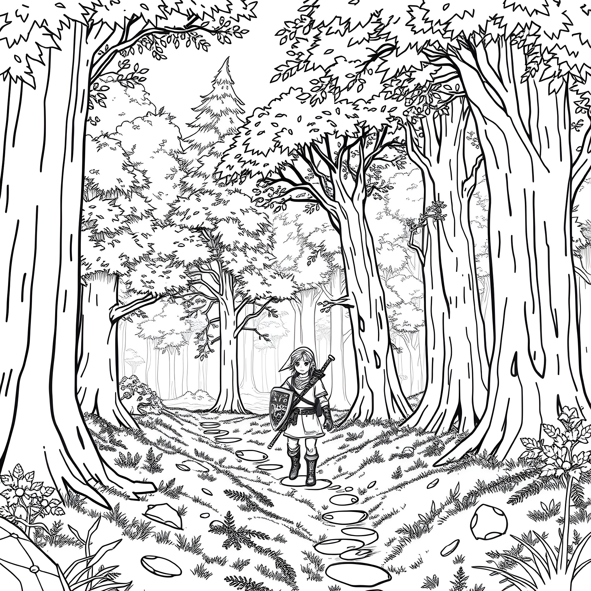 Zelda's Journey Through the Enchanted Forest Coloring Page (free black-and-white line drawing printable PDF for all, from beginners to advanced learners, including children, teens, adults, and seniors)