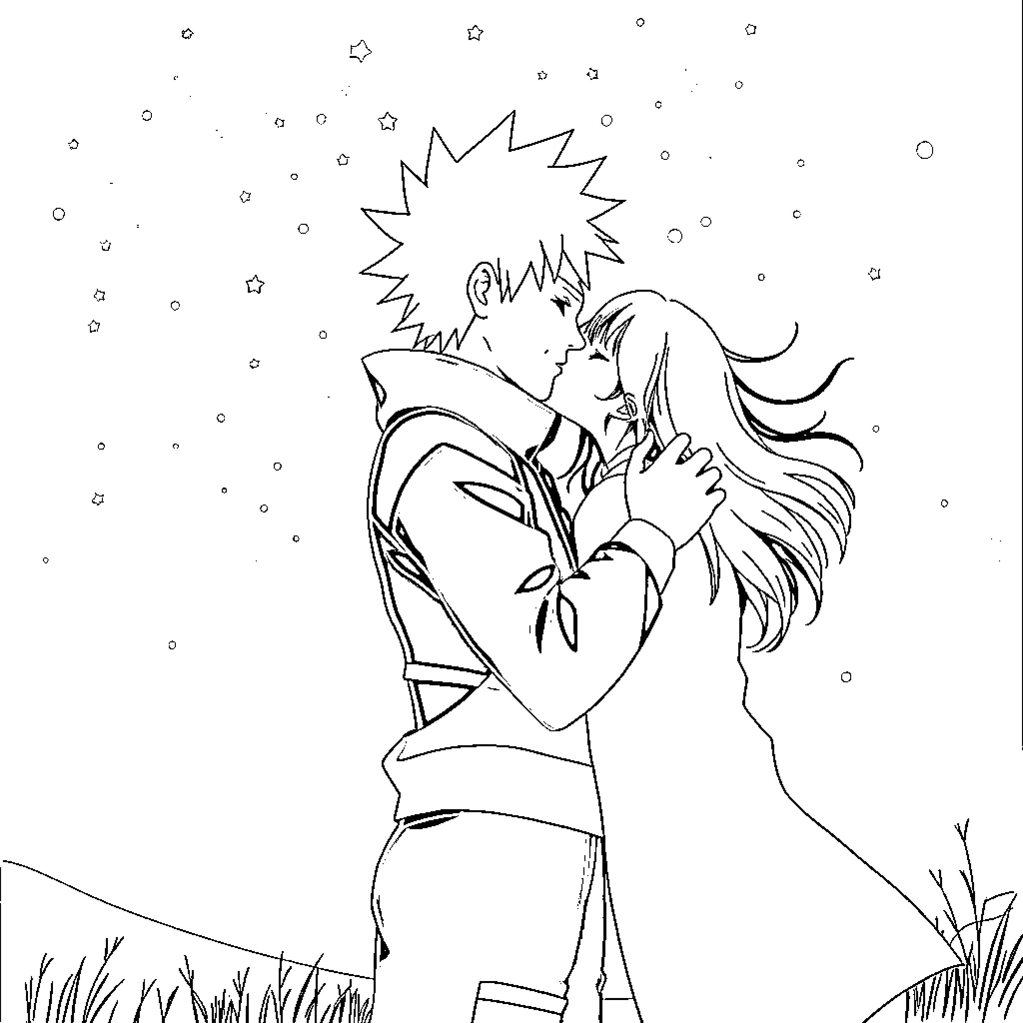 Naruto couple's passionate embrace under the stars Coloring Page (free black-and-white line drawing printable PDF for all, from beginners to advanced learners, including children, teens, adults, and seniors)