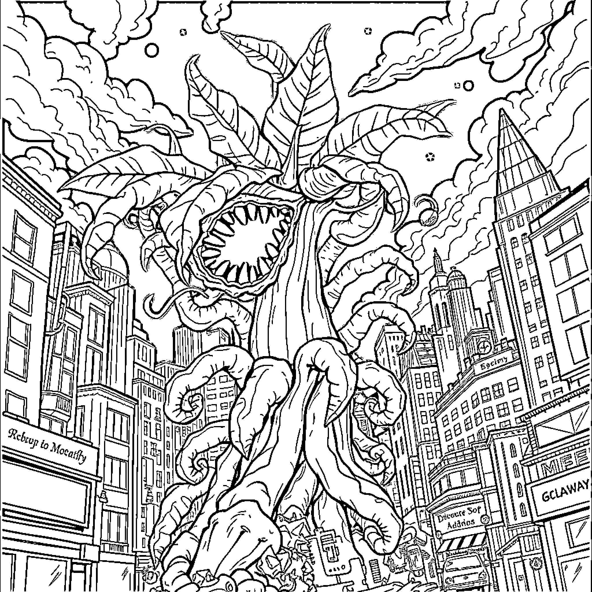 Audrey 2 Unleashed in the City Coloring Page (free black-and-white line drawing printable PDF for all, from beginners to advanced learners, including children, teens, adults, and seniors)