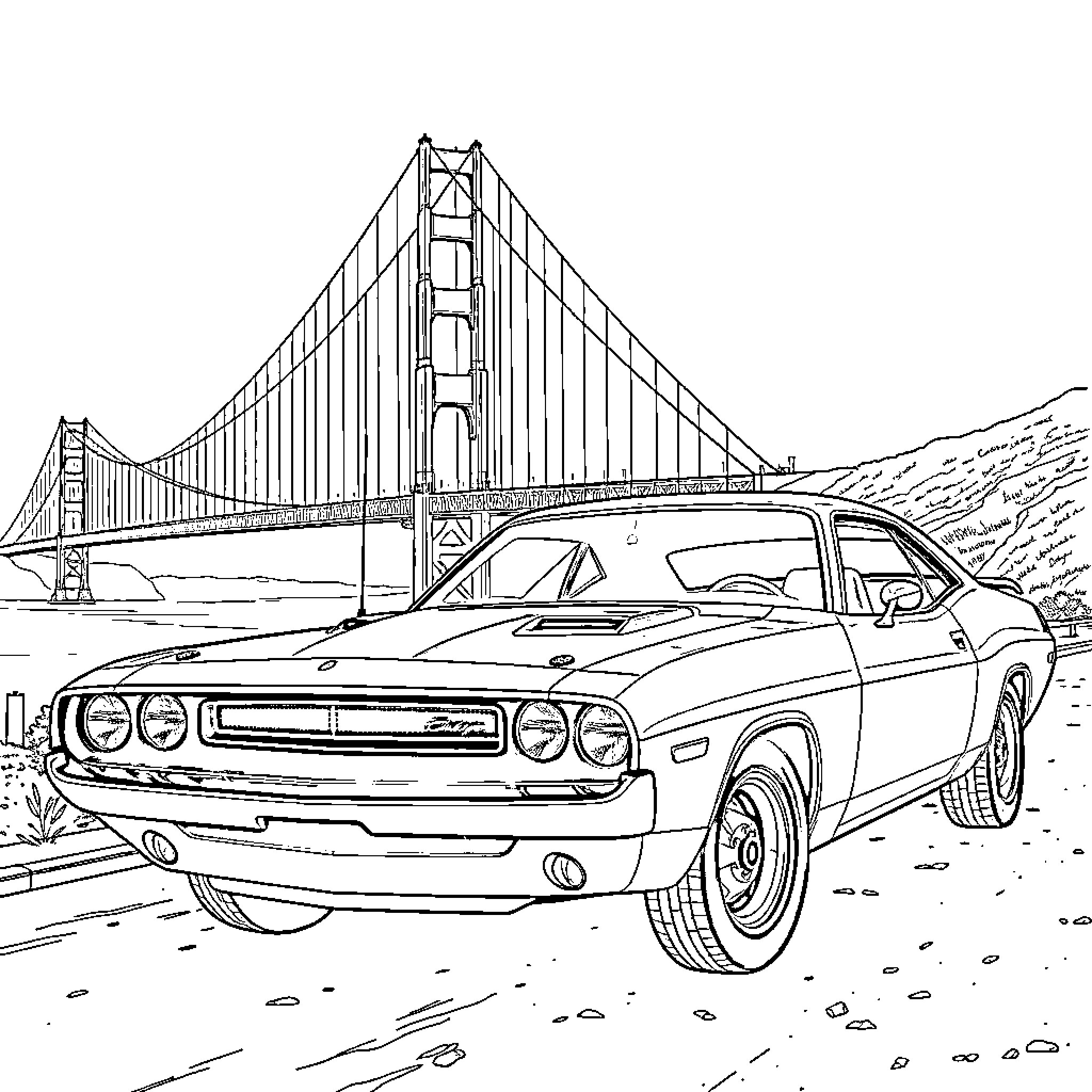 Dodge Challenger speeding across the Golden Gate Bridge Coloring Page (free black-and-white line drawing printable PDF for all, from beginners to advanced learners, including children, teens, adults, and seniors)