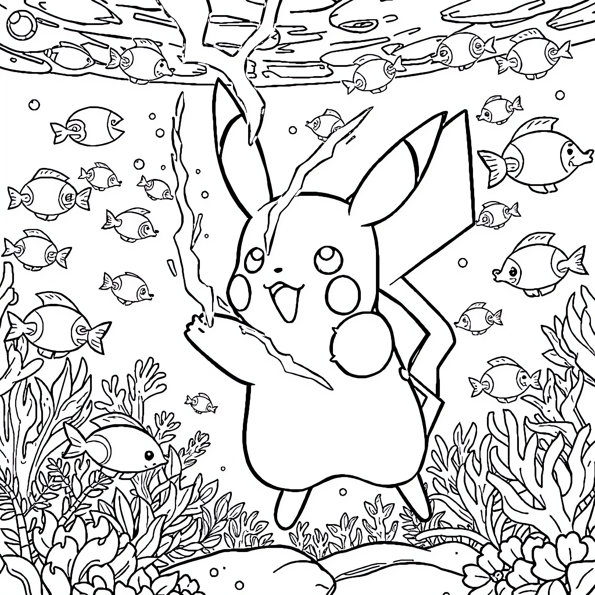 Pikachu exploring the underwater world Coloring Page (free black-and-white line drawing printable PDF for all, from beginners to advanced learners, including children, teens, adults, and seniors)