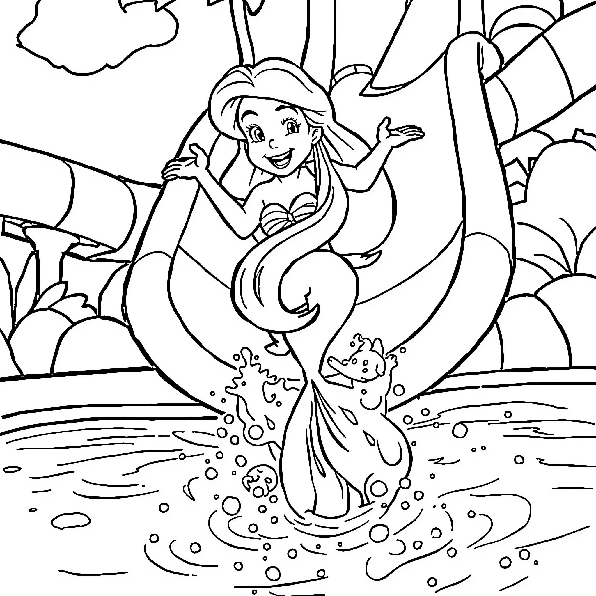 Ariel exploring the underwater world Coloring Page (free black-and-white line drawing printable PDF for all, from beginners to advanced learners, including children, teens, adults, and seniors)