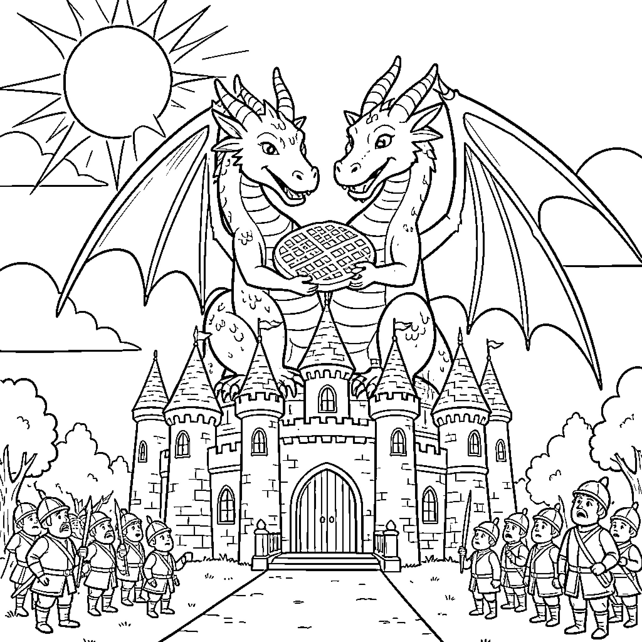 Dragon pair sharing a large pie atop a castle Coloring Page (free black-and-white line drawing printable PDF for all, from beginners to advanced learners, including children, teens, adults, and seniors)