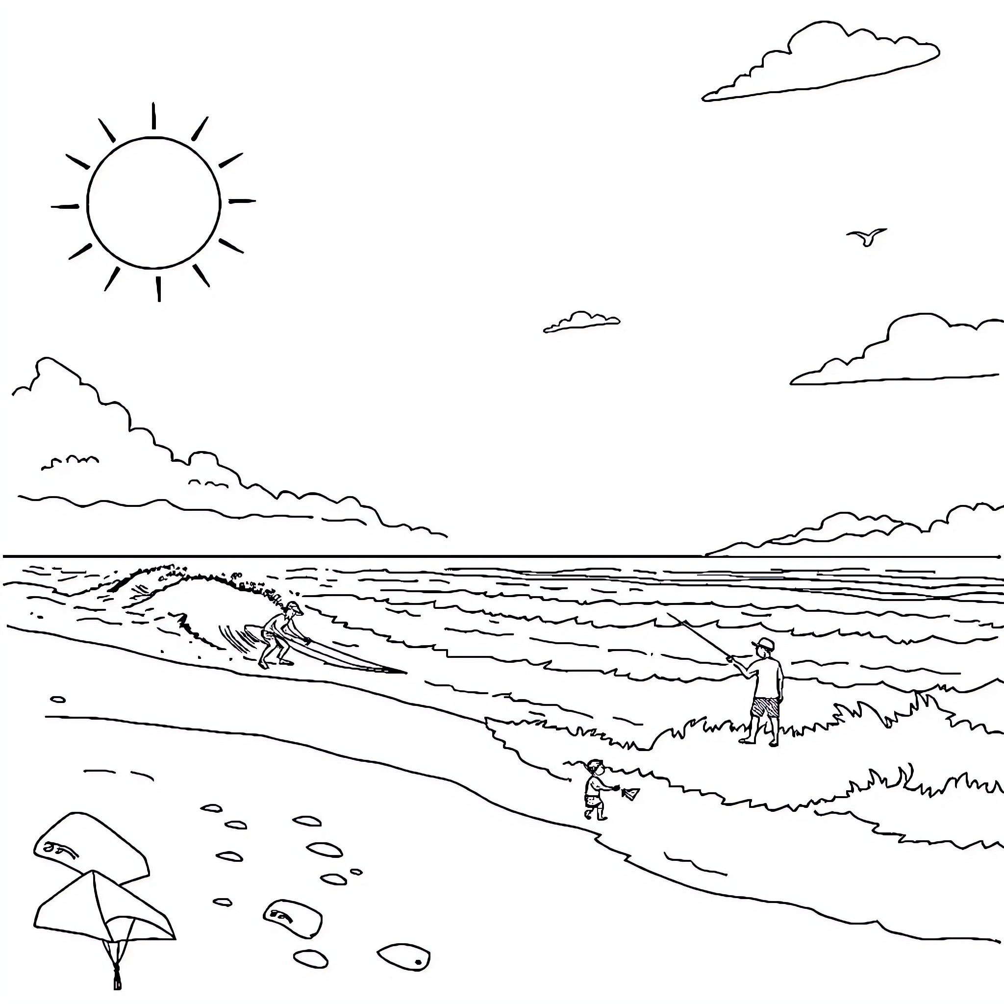 Beach scenery with waves, surfer, and nature elements Coloring Page (free black-and-white line drawing printable PDF for all, from beginners to advanced learners, including children, teens, adults, and seniors)